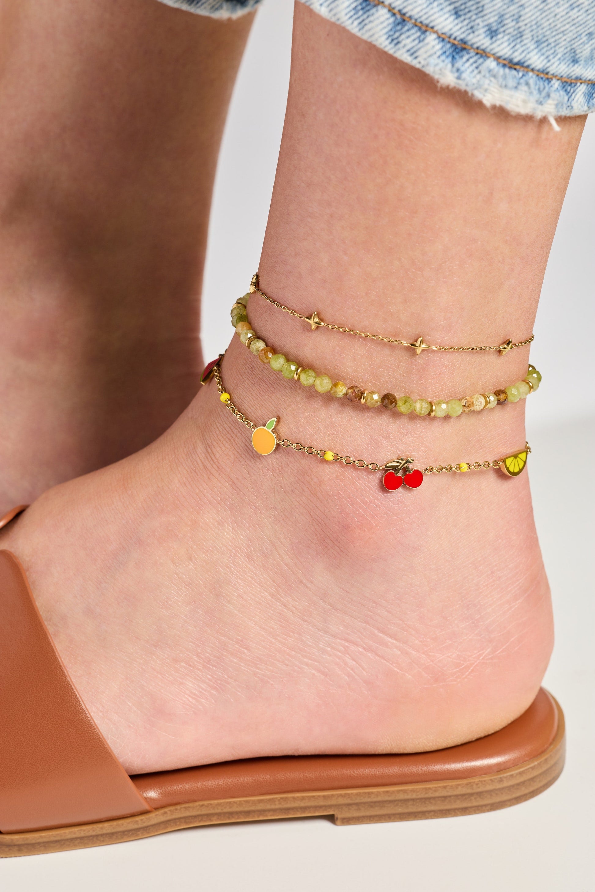 Green Ombre Semi-Precious Beaded Anklet Stainless Steel Gold