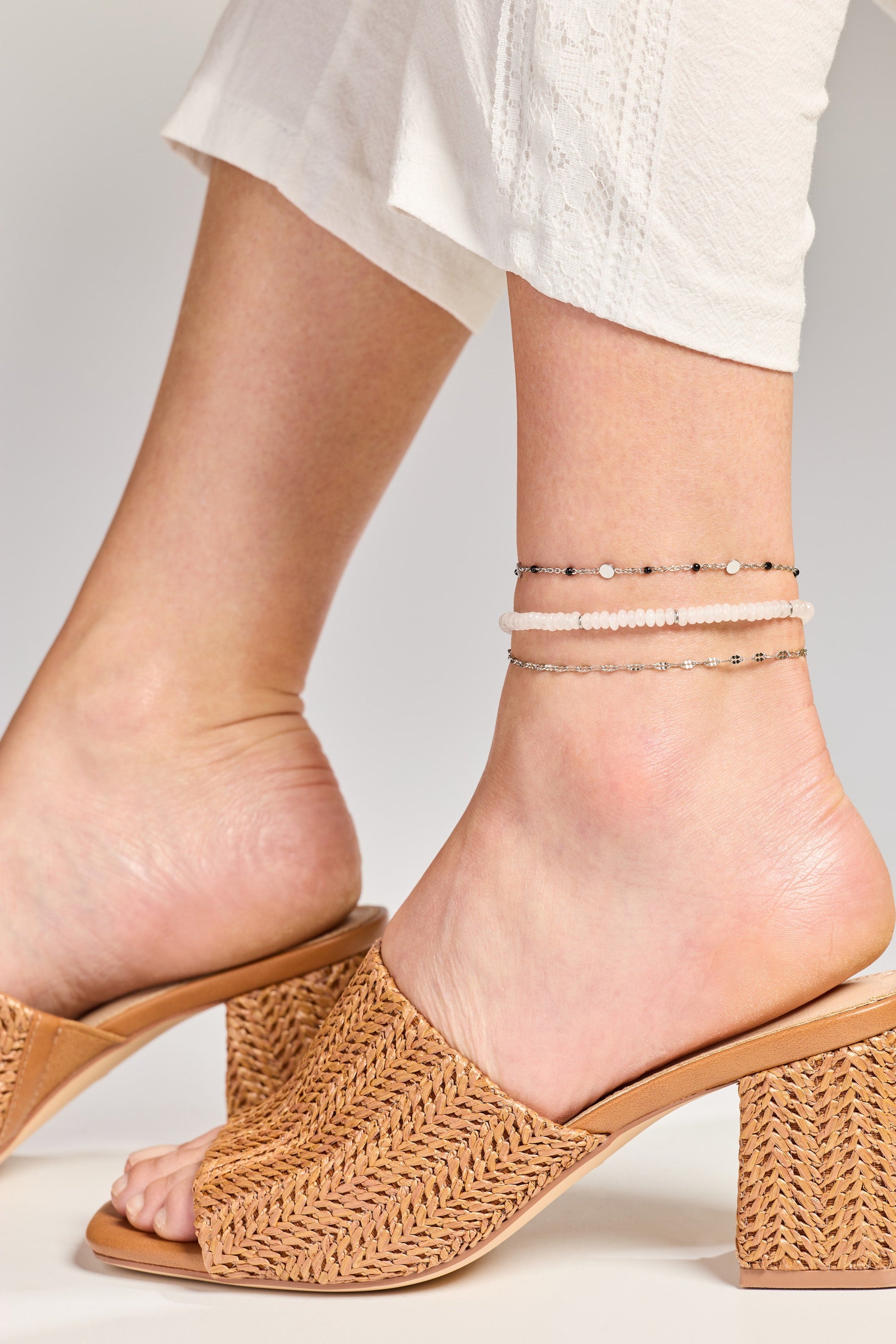 Clear Quartz Semi-Precious Beaded Anklet Stainless Steel Gold
