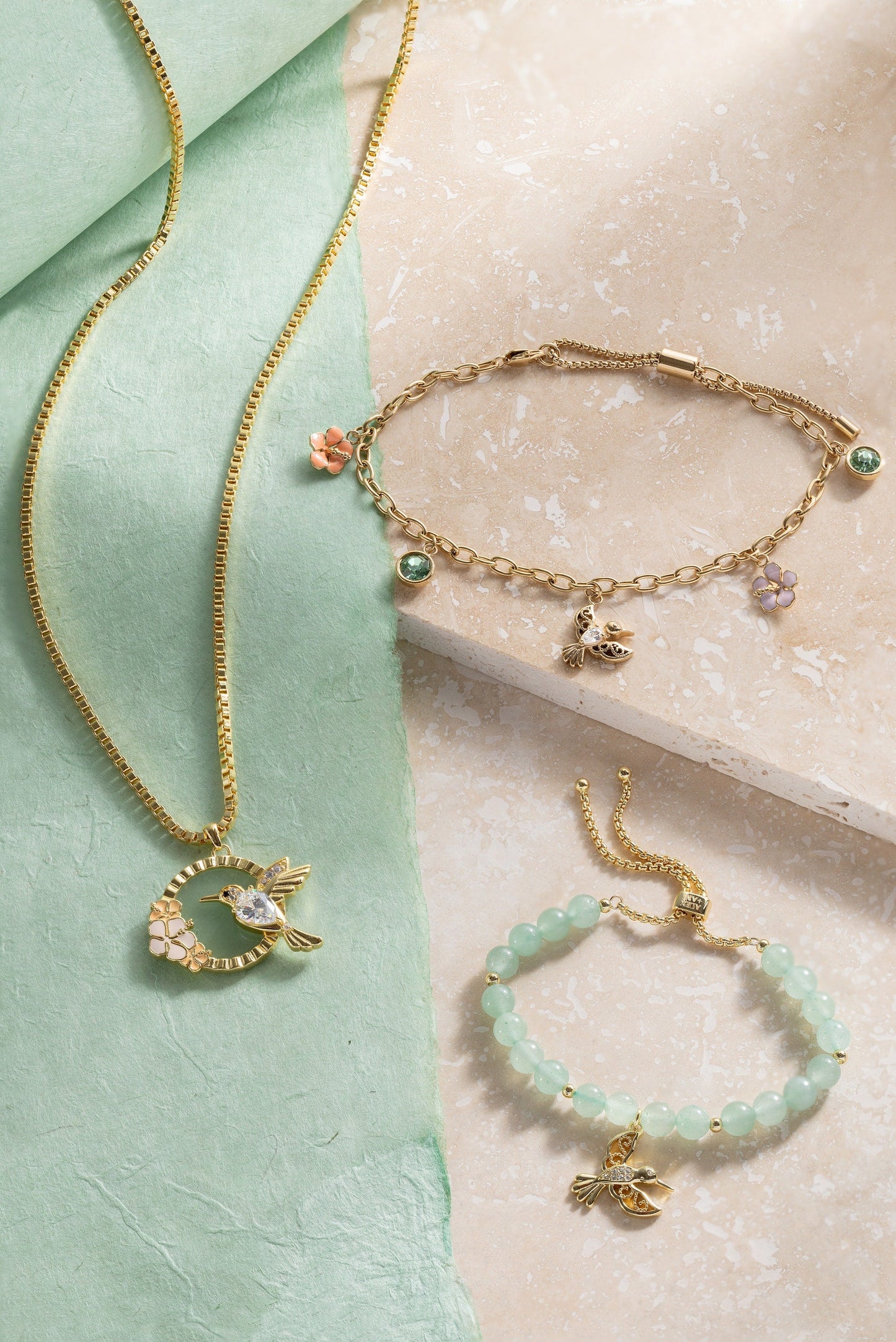 Hummingbird Multicharm Adjustable Anklet Stainless Steel Gold