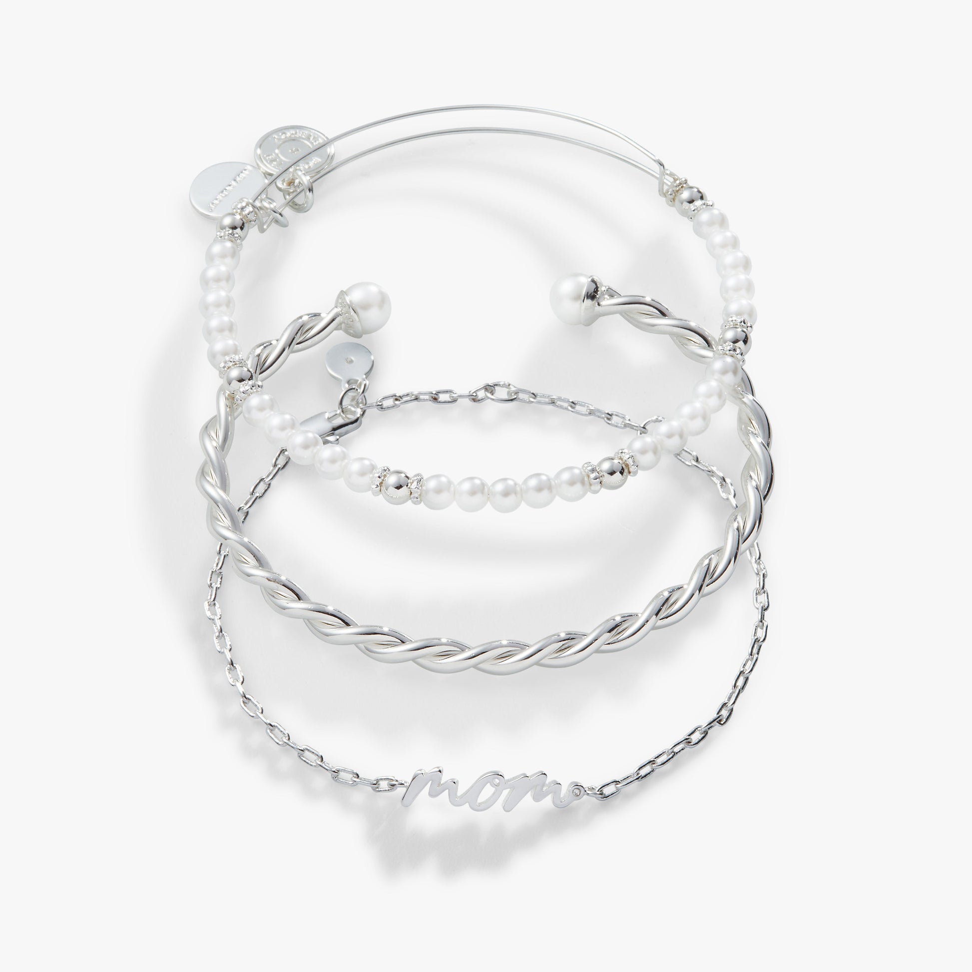 Mom' Script Bracelet, Set of 3 Silver