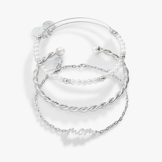 Mom' Script Bracelet, Set of 3 Silver