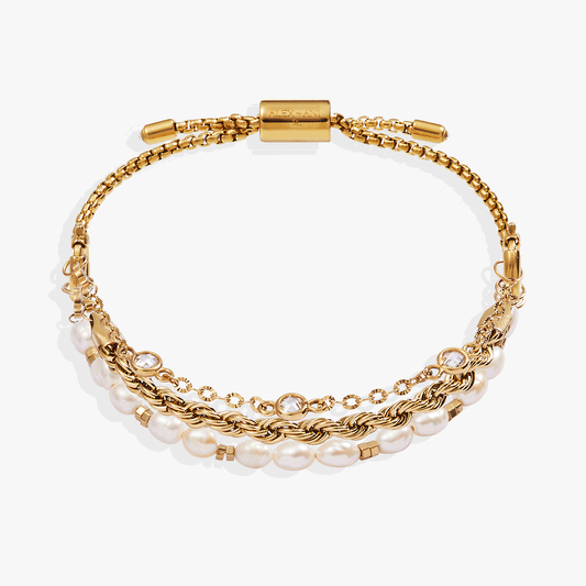 Crystal + Pearl Stranded™ Bracelet Set Stainless Steel Gold