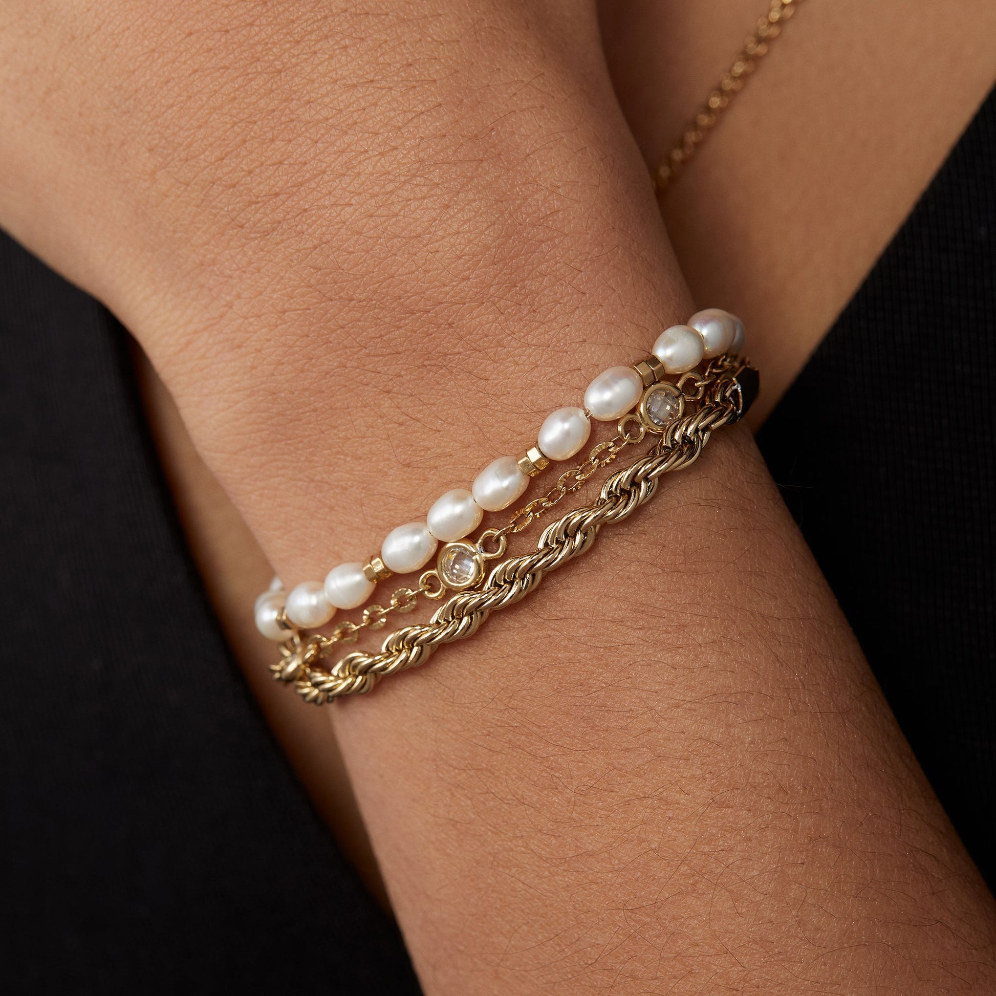 Crystal + Pearl Stranded™ Bracelet Set Stainless Steel Gold