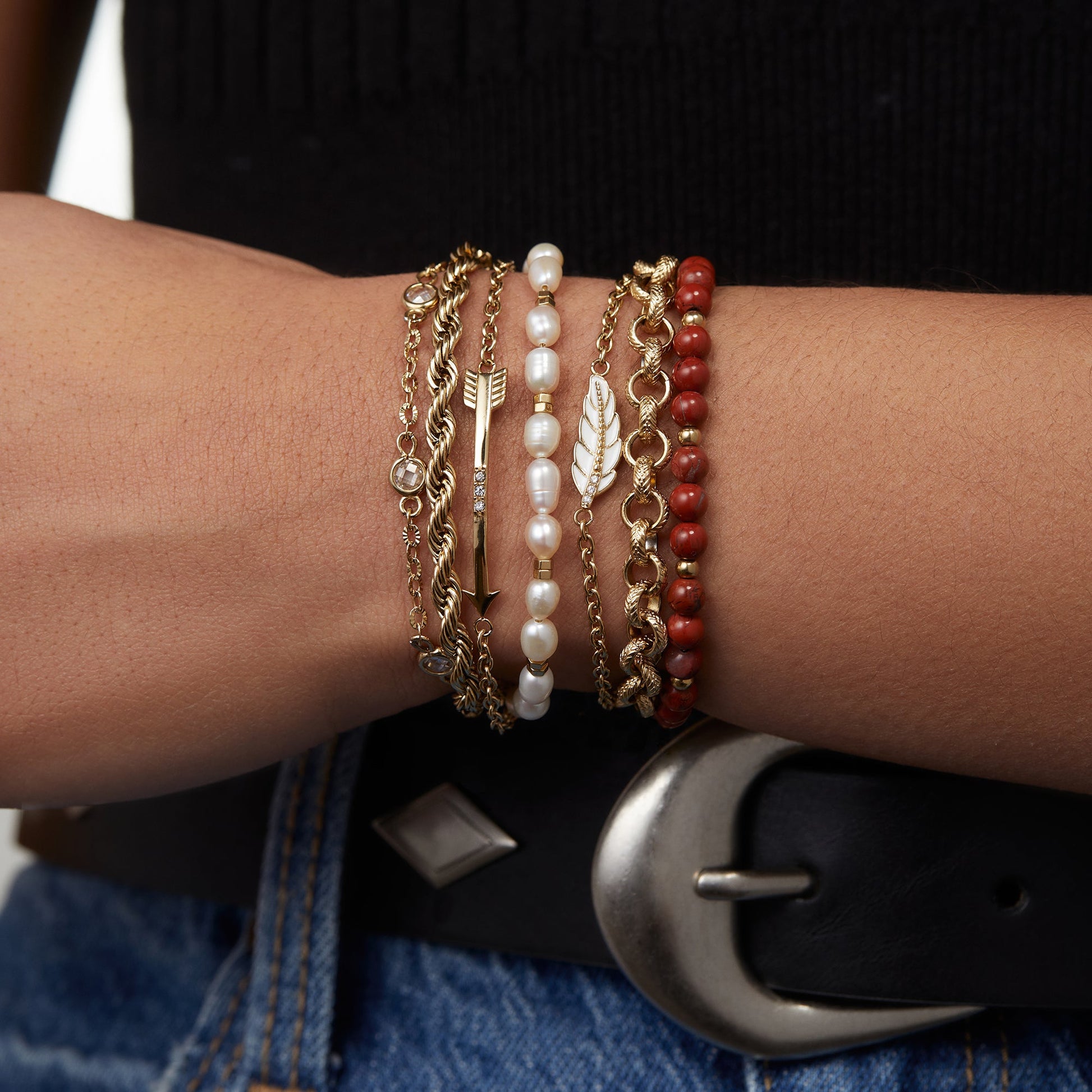 Crystal + Pearl Stranded™ Bracelet Set Stainless Steel Gold