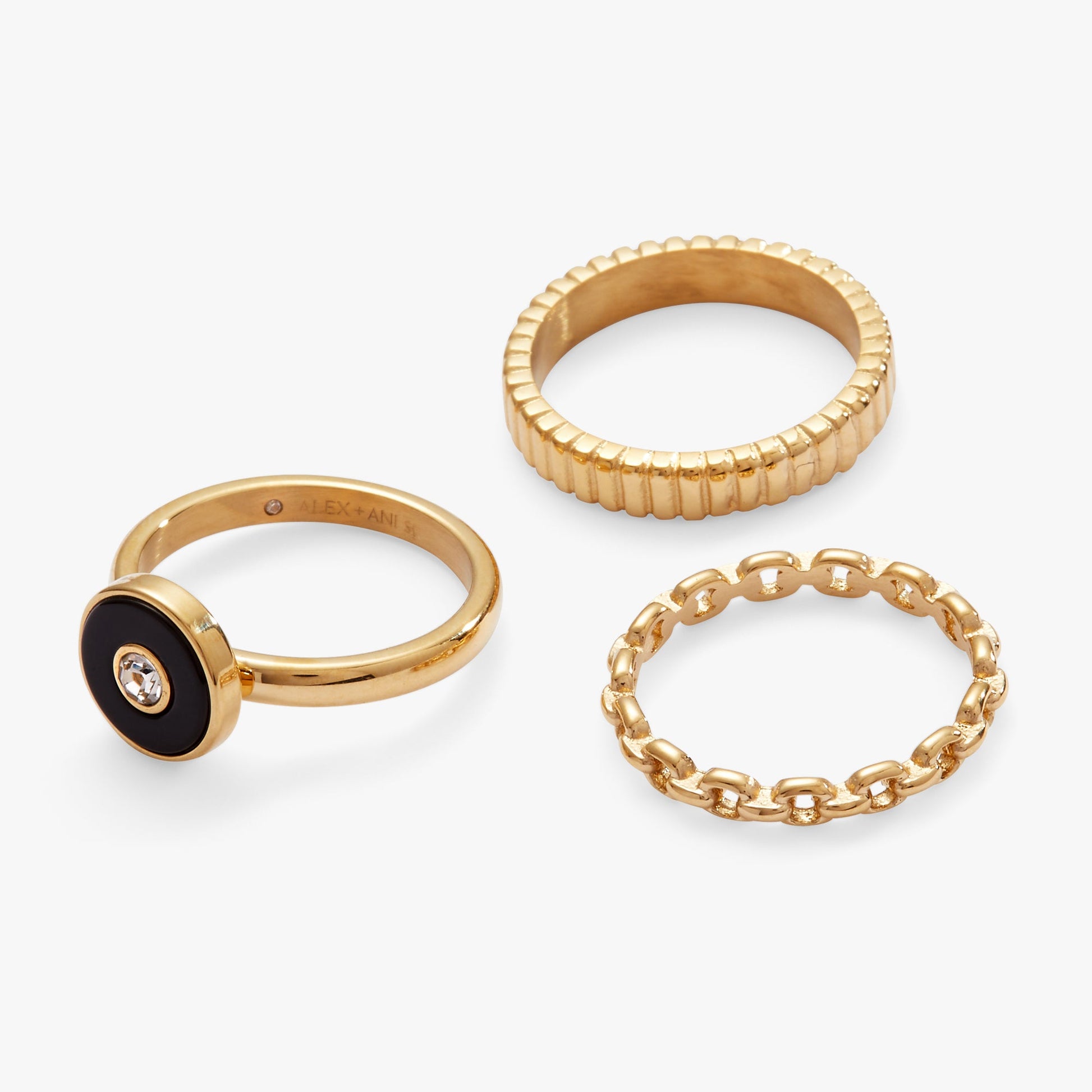 Black Onyx Textured Statement Ring Set Stainless Steel Gold