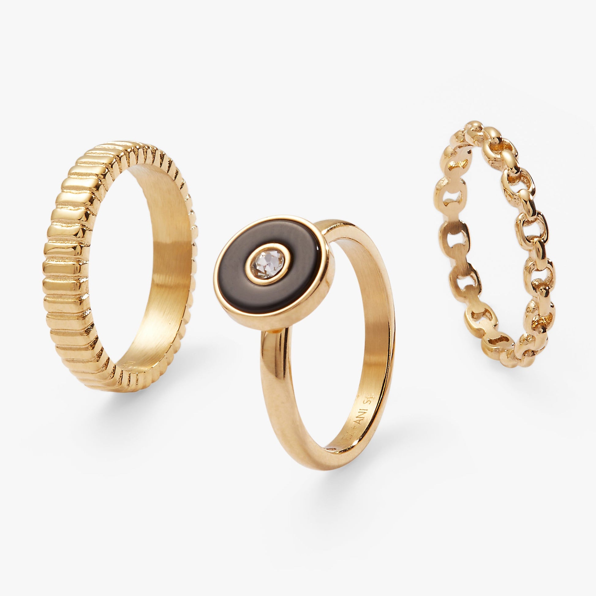 Black Onyx Textured Statement Ring Set Stainless Steel Gold