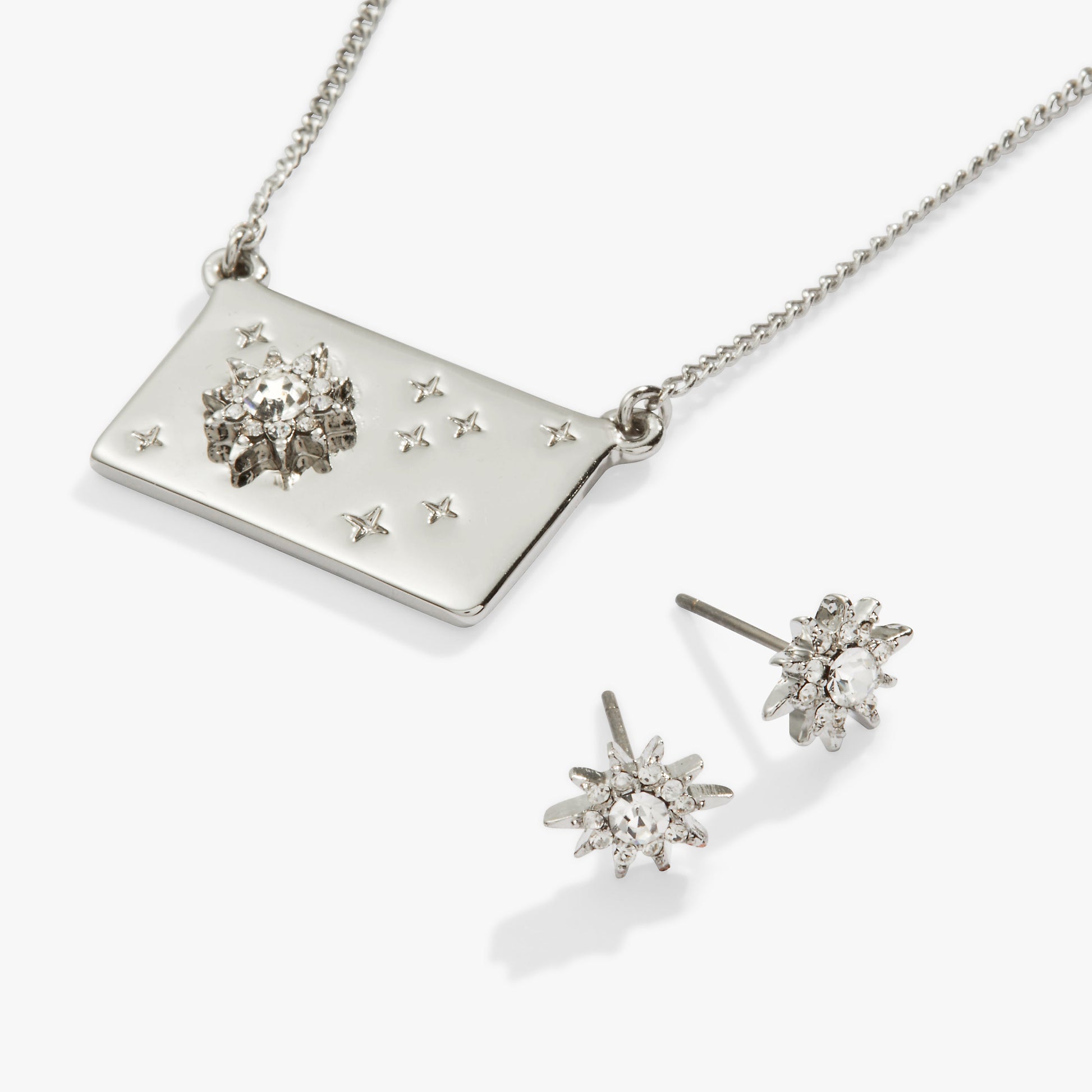 Starburst Charm Necklace and Stud Earring Gift Set Silver
