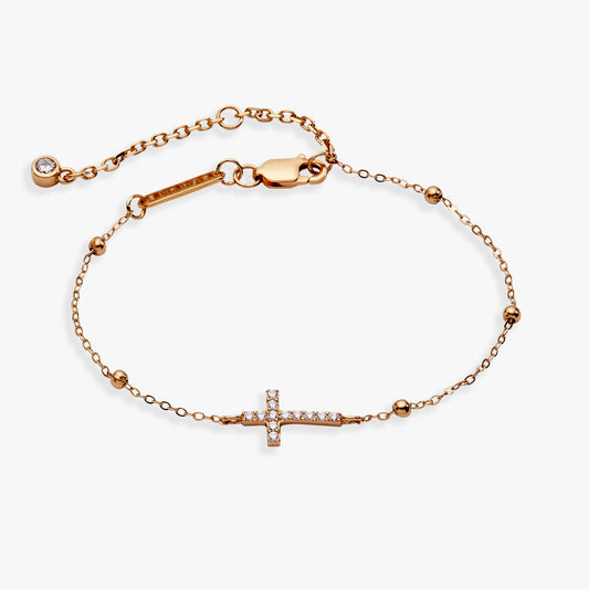 Cross Delicate Pave Crystal Beaded Strand Bracelet Sterling Silver