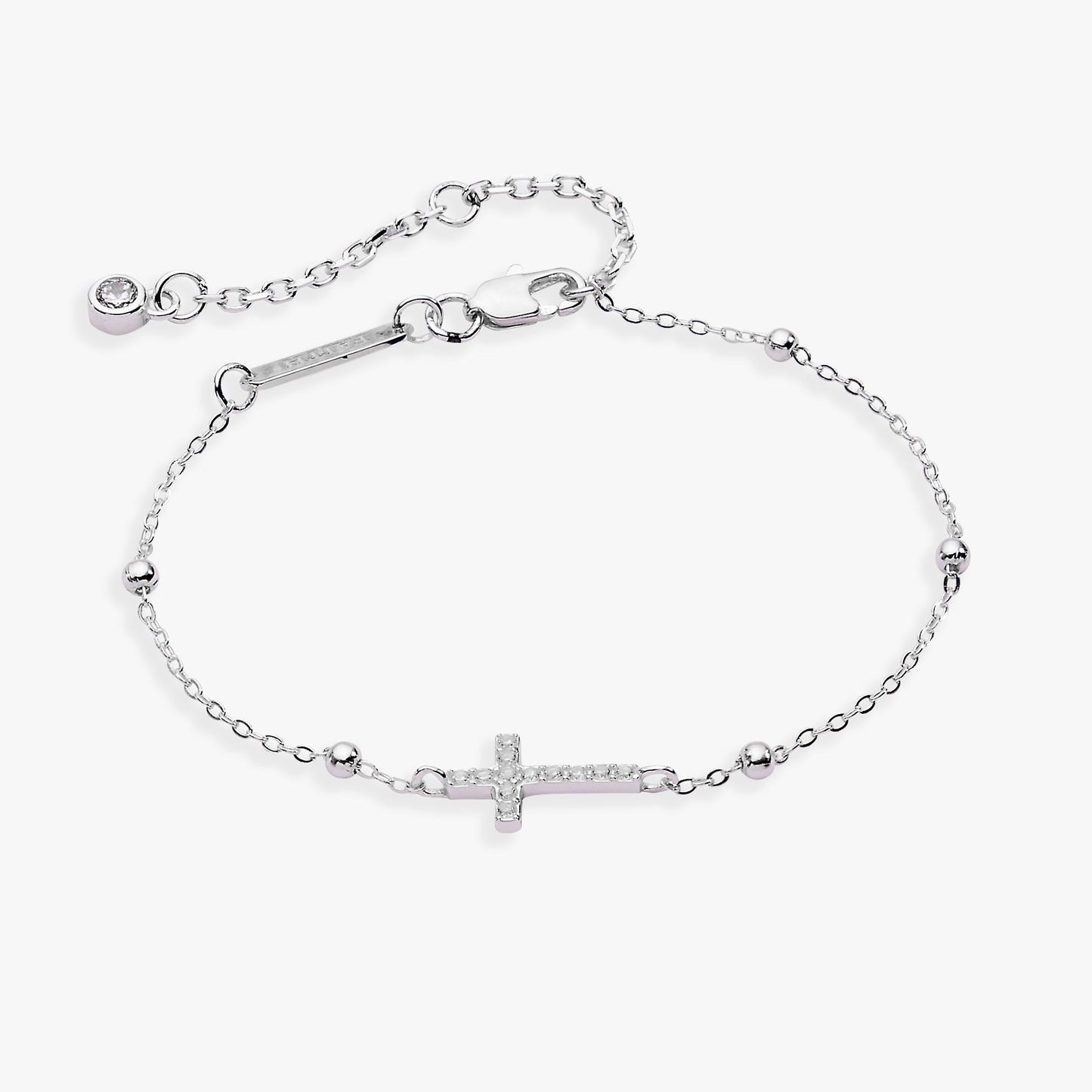 Cross Delicate Pave Crystal Beaded Strand Bracelet Sterling Silver