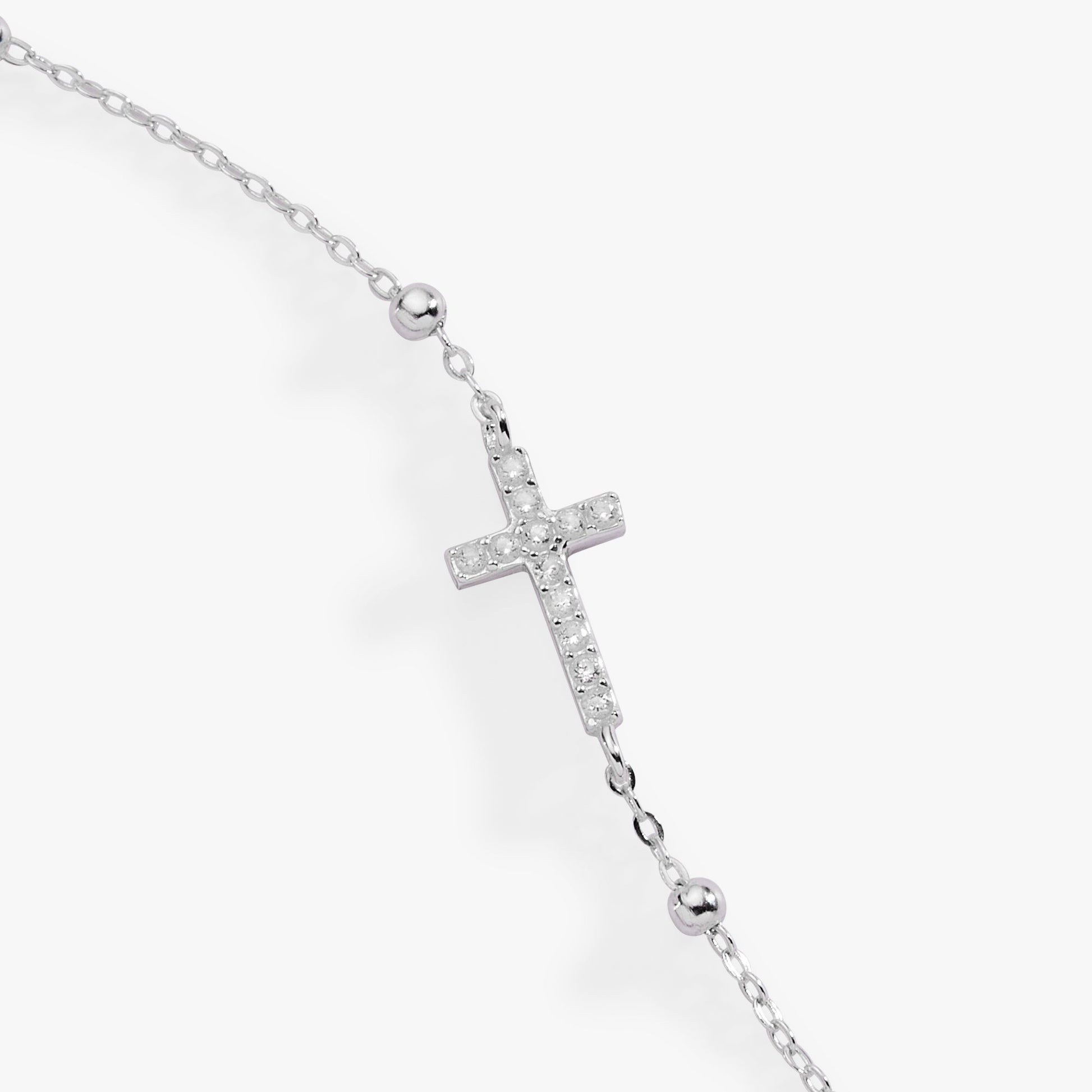 Cross Delicate Pave Crystal Beaded Strand Bracelet Sterling Silver