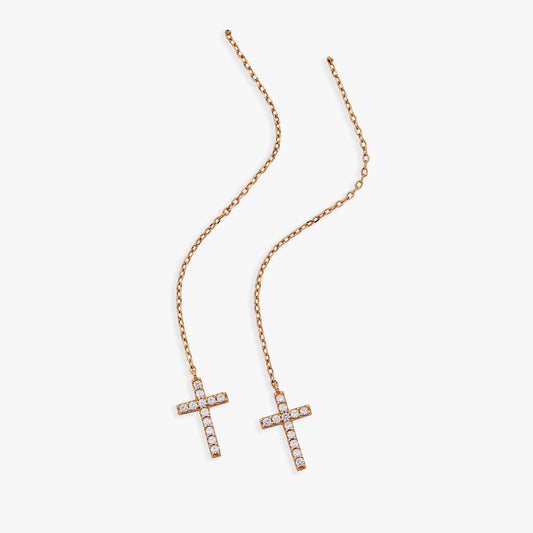 Delicate Pave Cross Threader Earrings 14kt Gold Over Sterling Silver