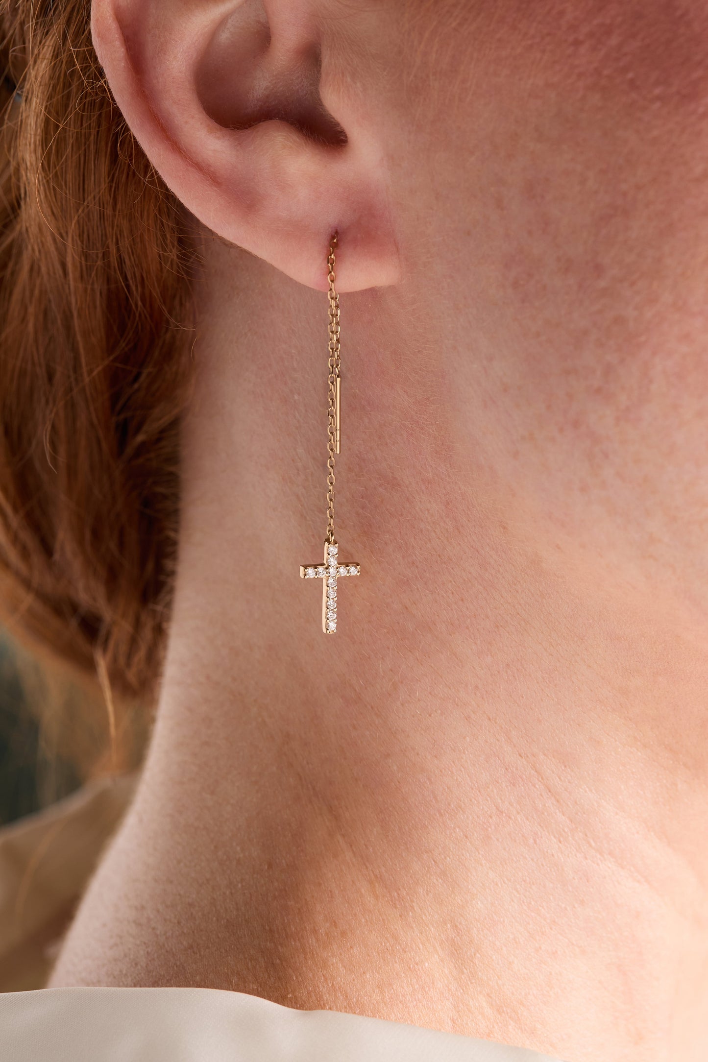 Delicate Pave Cross Threader Earrings 14kt Gold Over Sterling Silver