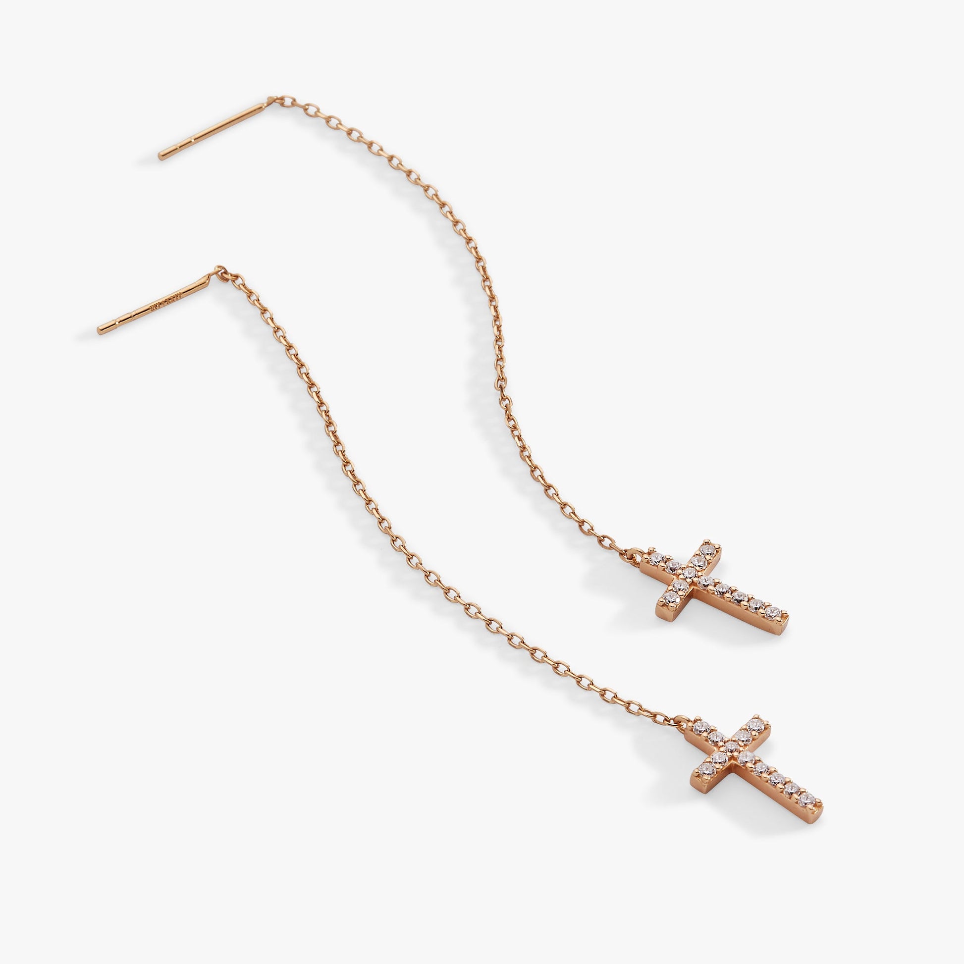 Delicate Pave Cross Threader Earrings 14kt Gold Over Sterling Silver