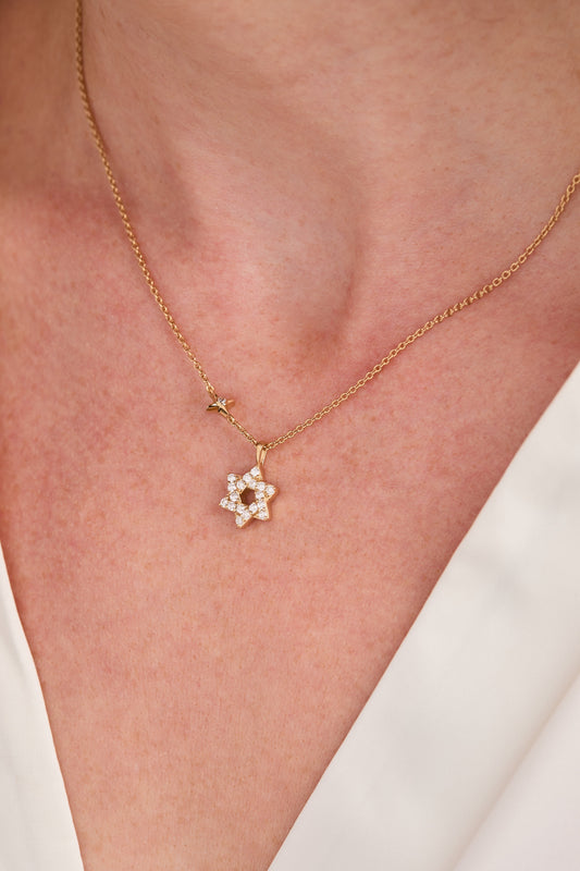 Delicate Pave Star of David Pendant Necklace 14kt Gold Over Sterling Silver