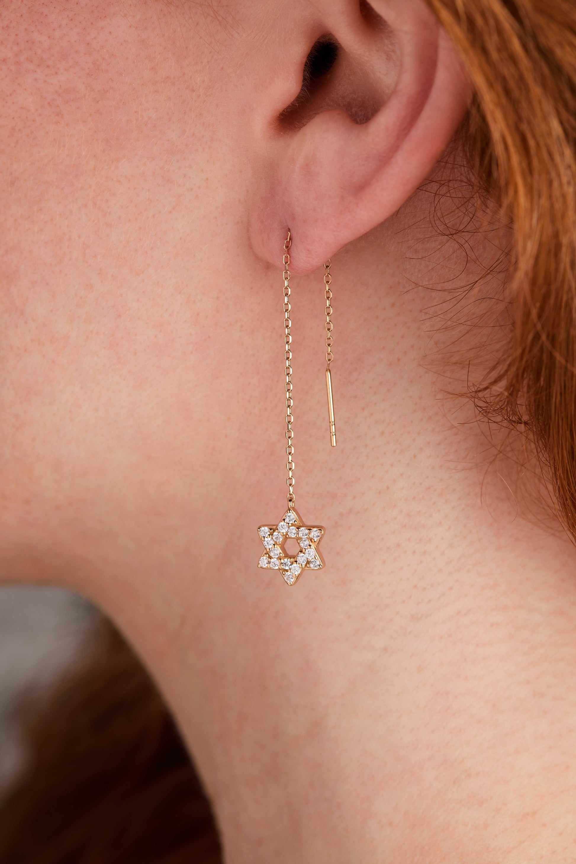 Delicate Pave Star of David Threader Earrings 14kt Gold Over Sterling Silver