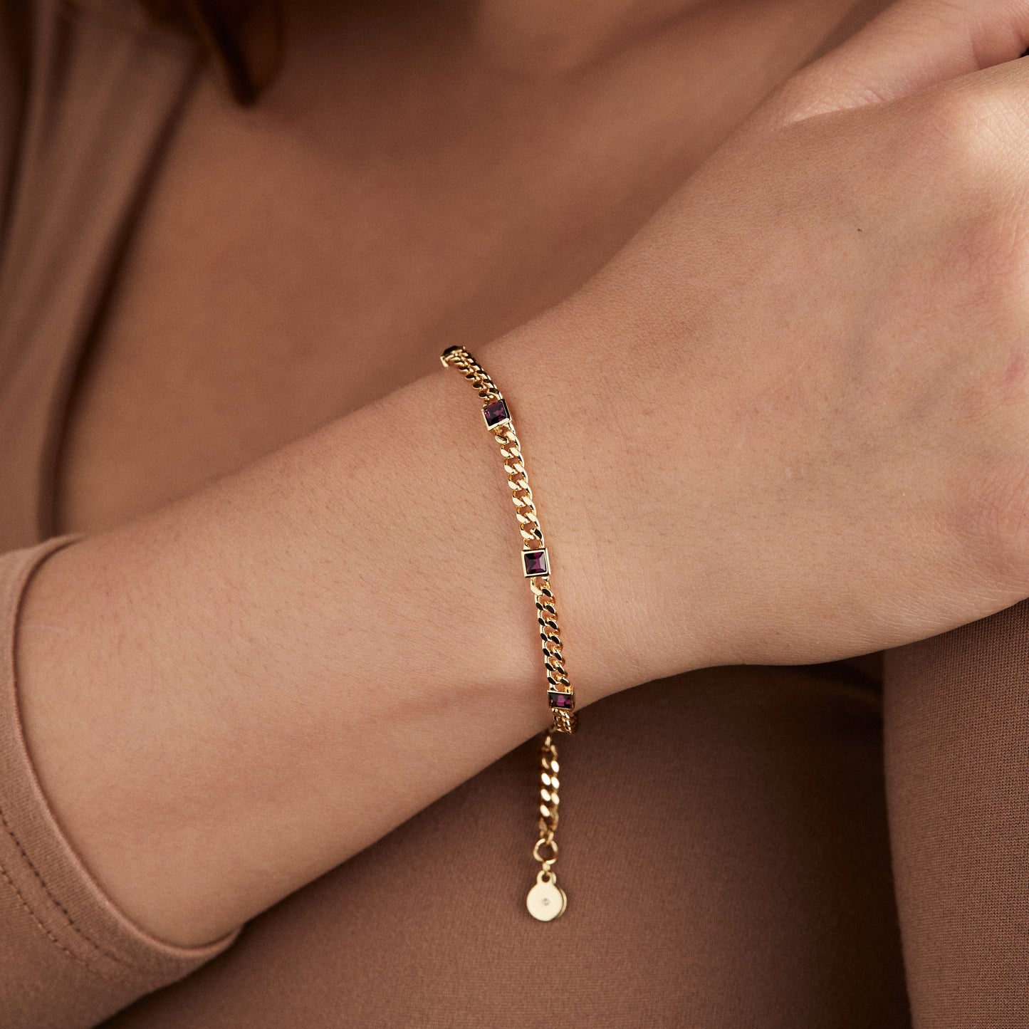 Amethyst Curb Chain Bracelet, February Birthstone Gold