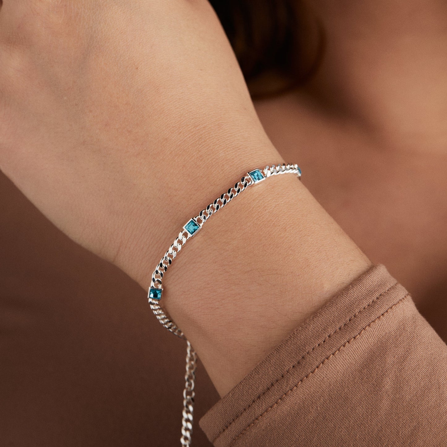 Blue Zircon Curb Chain Bracelet, December Birthstone Gold