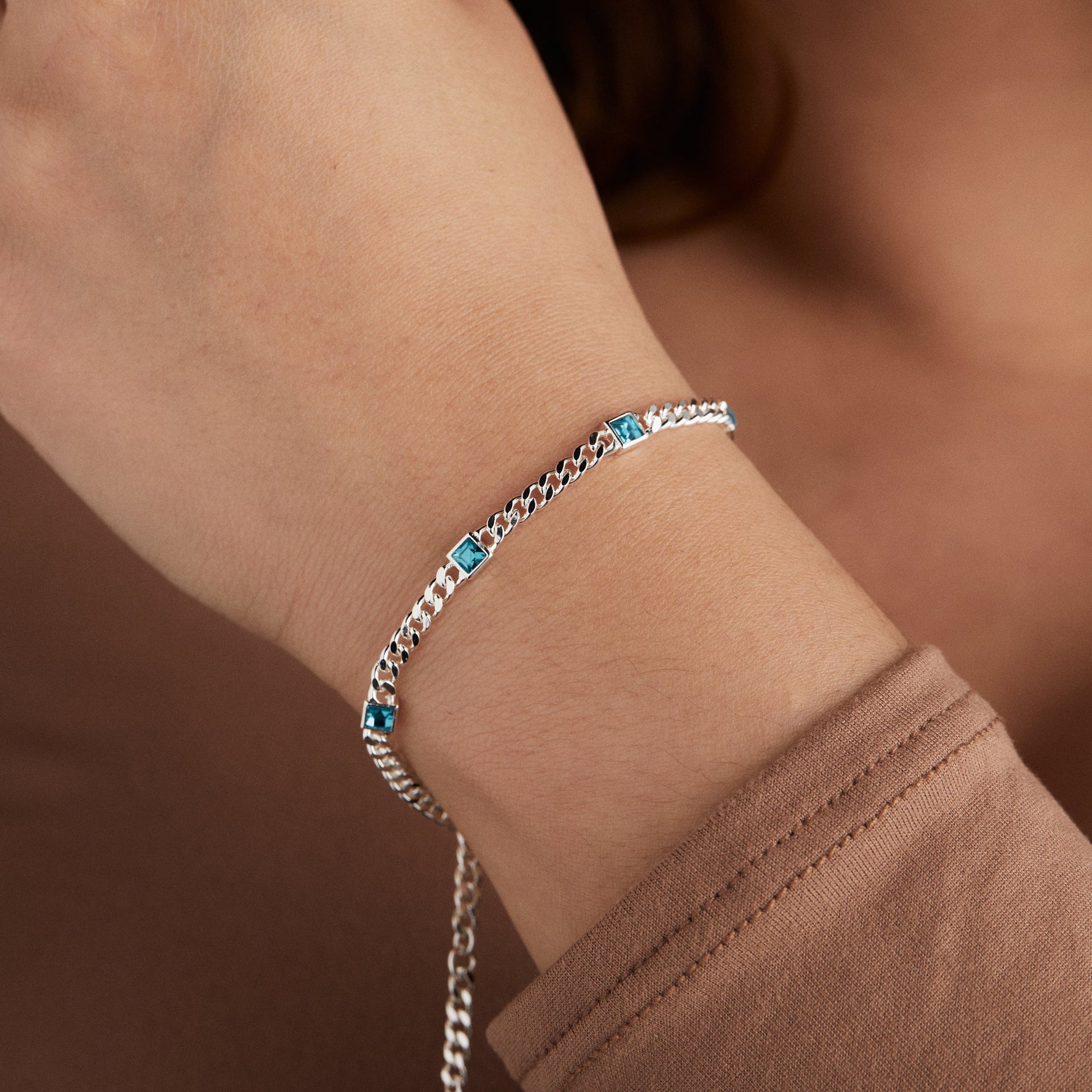 Blue Zircon Curb Chain Bracelet, December Birthstone Gold