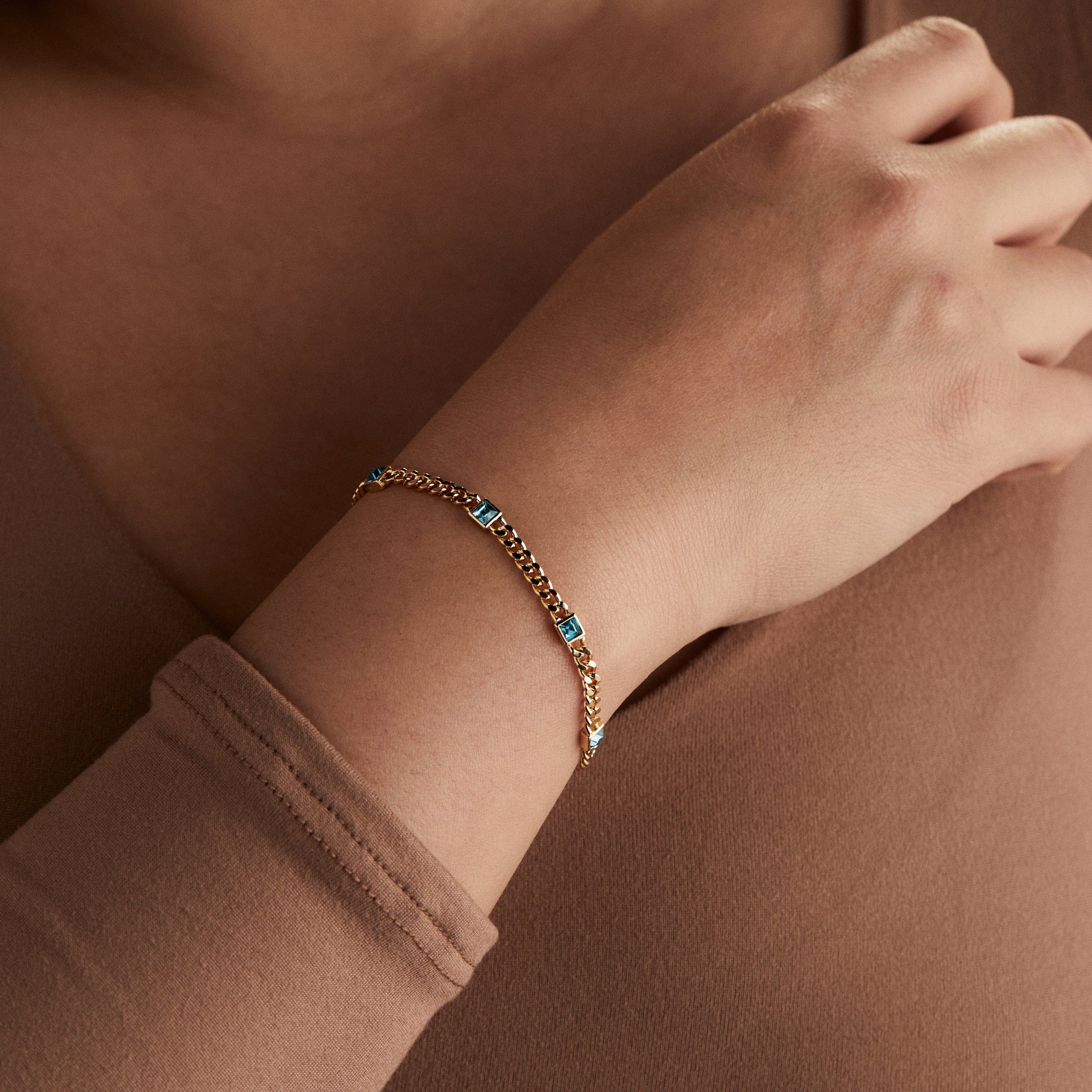 Blue Zircon Curb Chain Bracelet, December Birthstone Gold