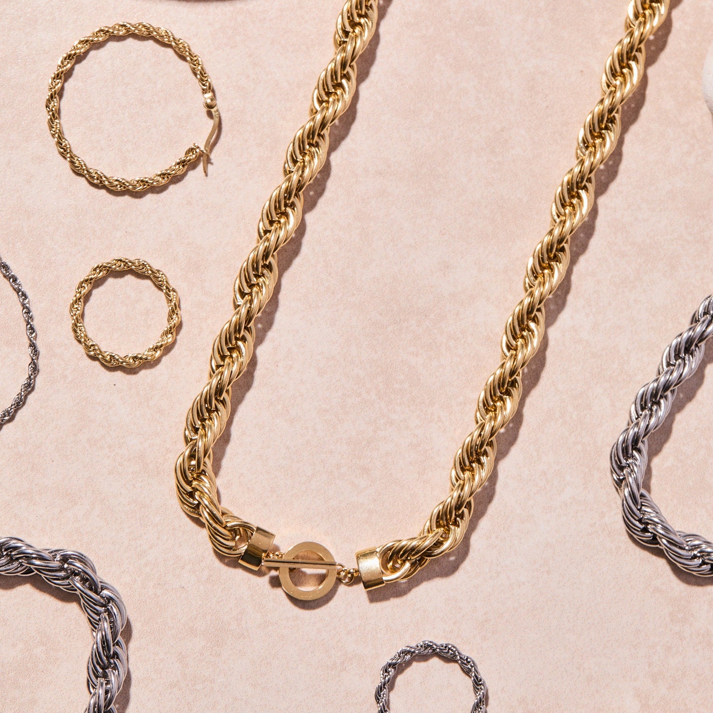 Large Rope Chain Toggle Necklace Stainless Steel Gold