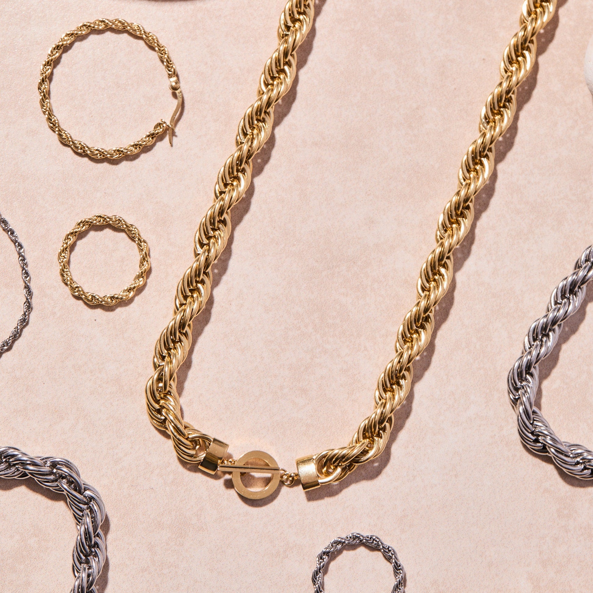 Large Rope Chain Toggle Necklace Stainless Steel Gold