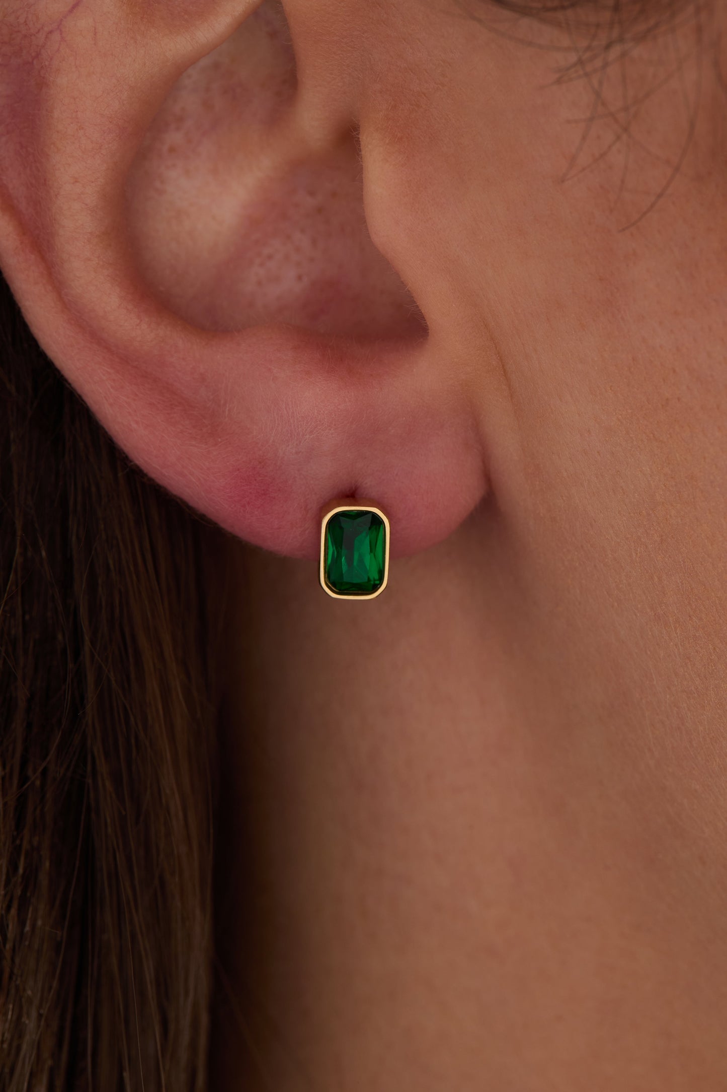 May Emerald-Cut Birthstone Stud Stainless Steel Gold