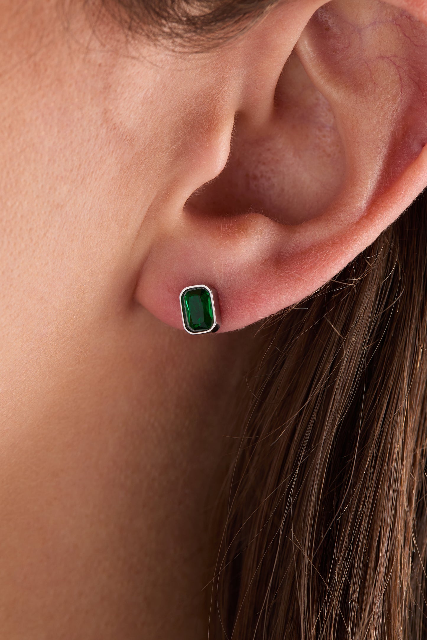 May Emerald-Cut Birthstone Stud Stainless Steel Gold