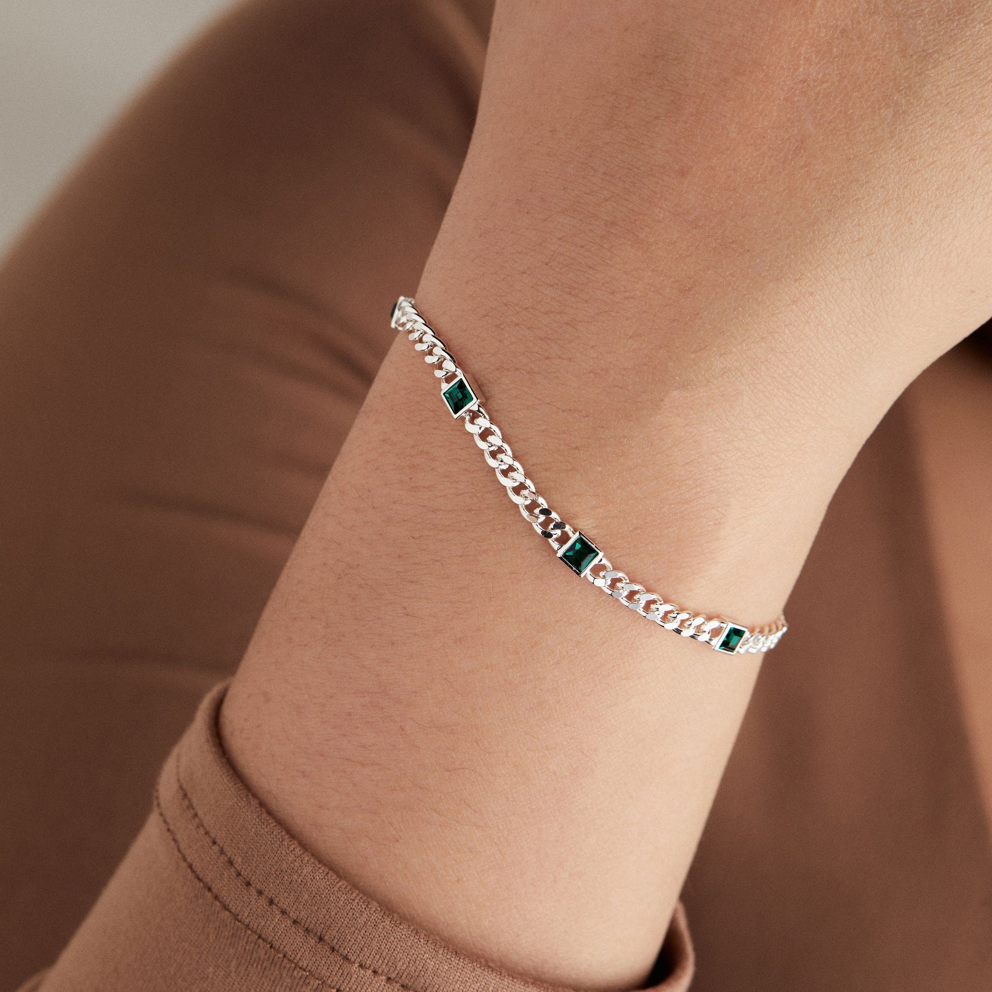Emerald Curb Chain Bracelet, May Birthstone Gold