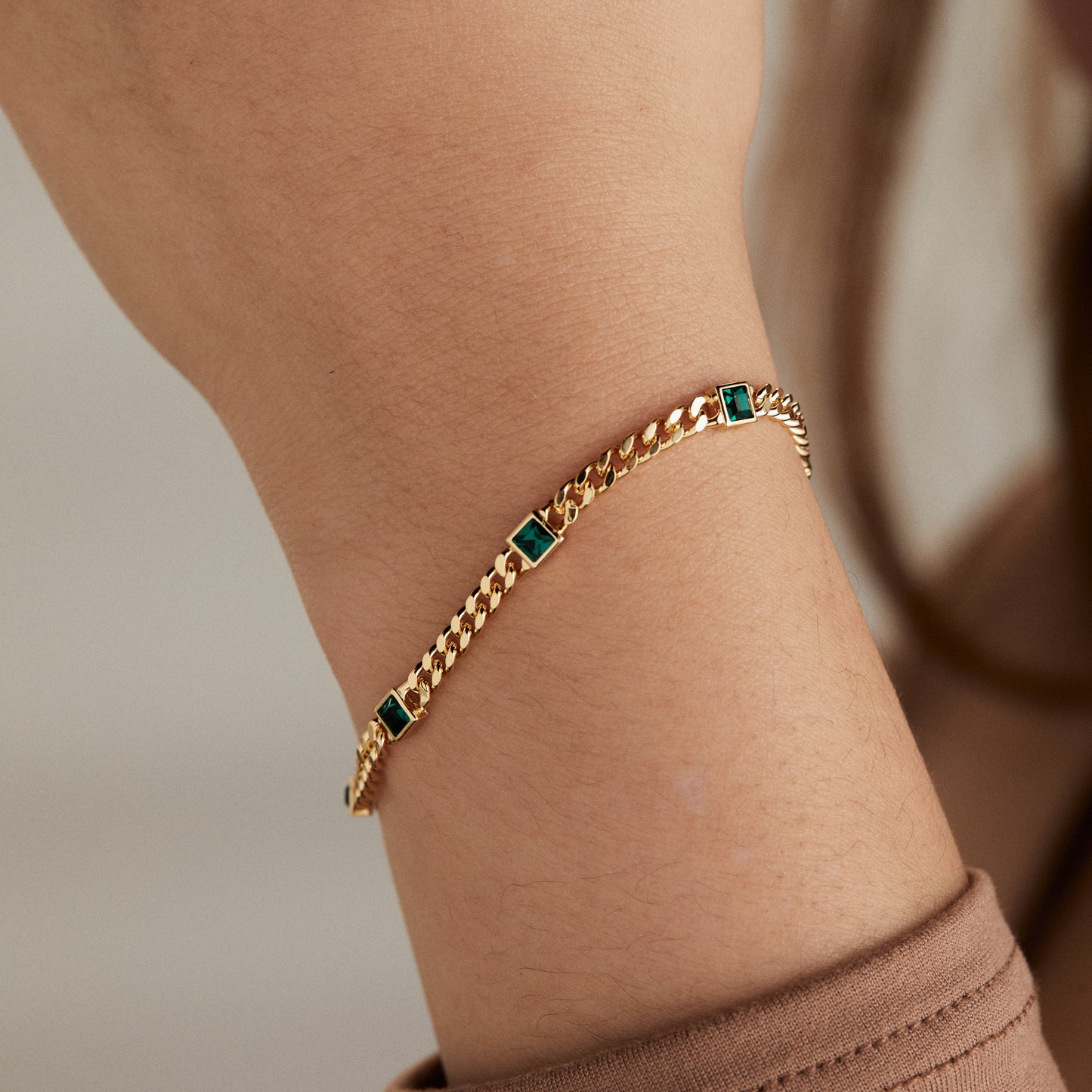 Emerald Curb Chain Bracelet, May Birthstone Gold
