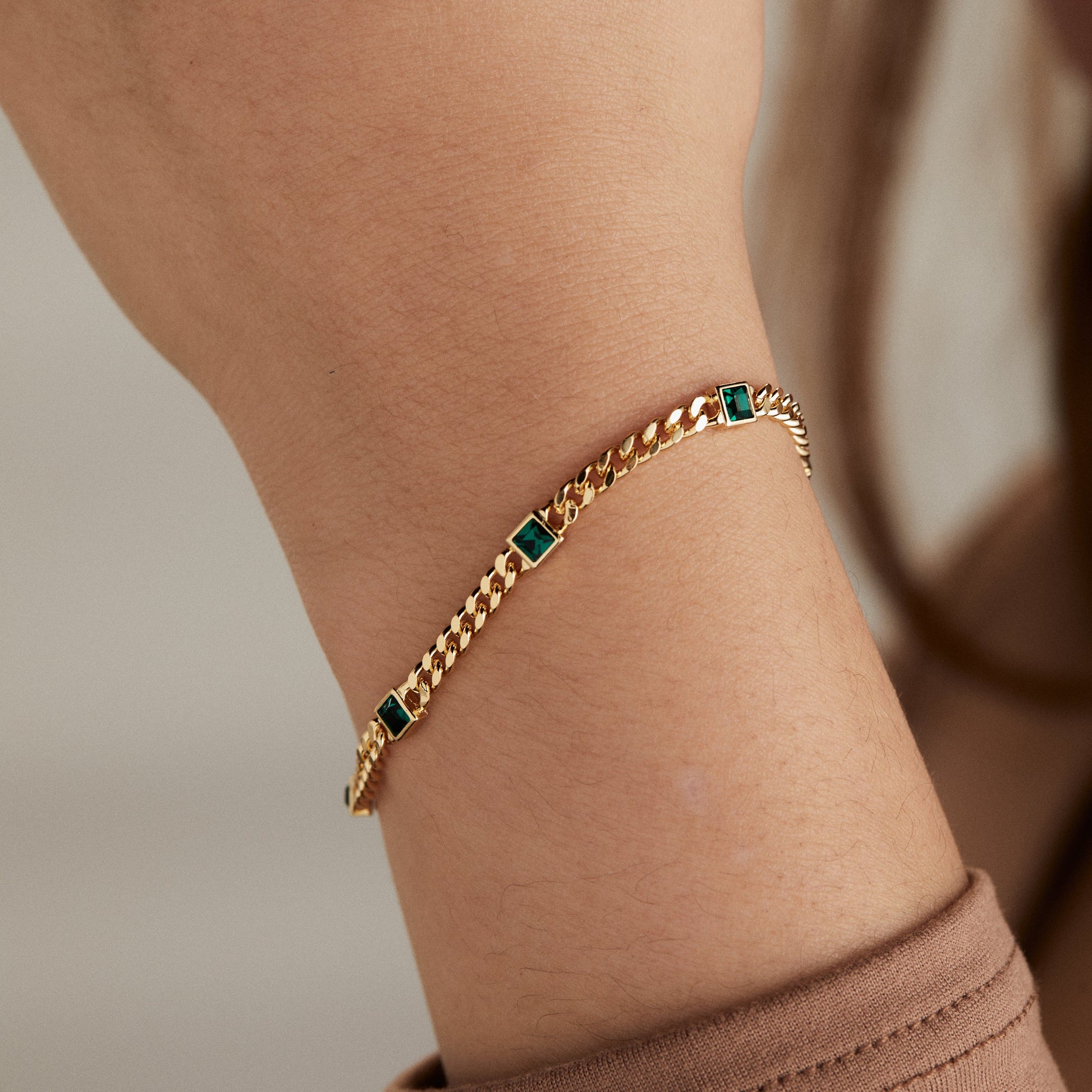 Emerald Curb Chain Bracelet, May Birthstone Gold