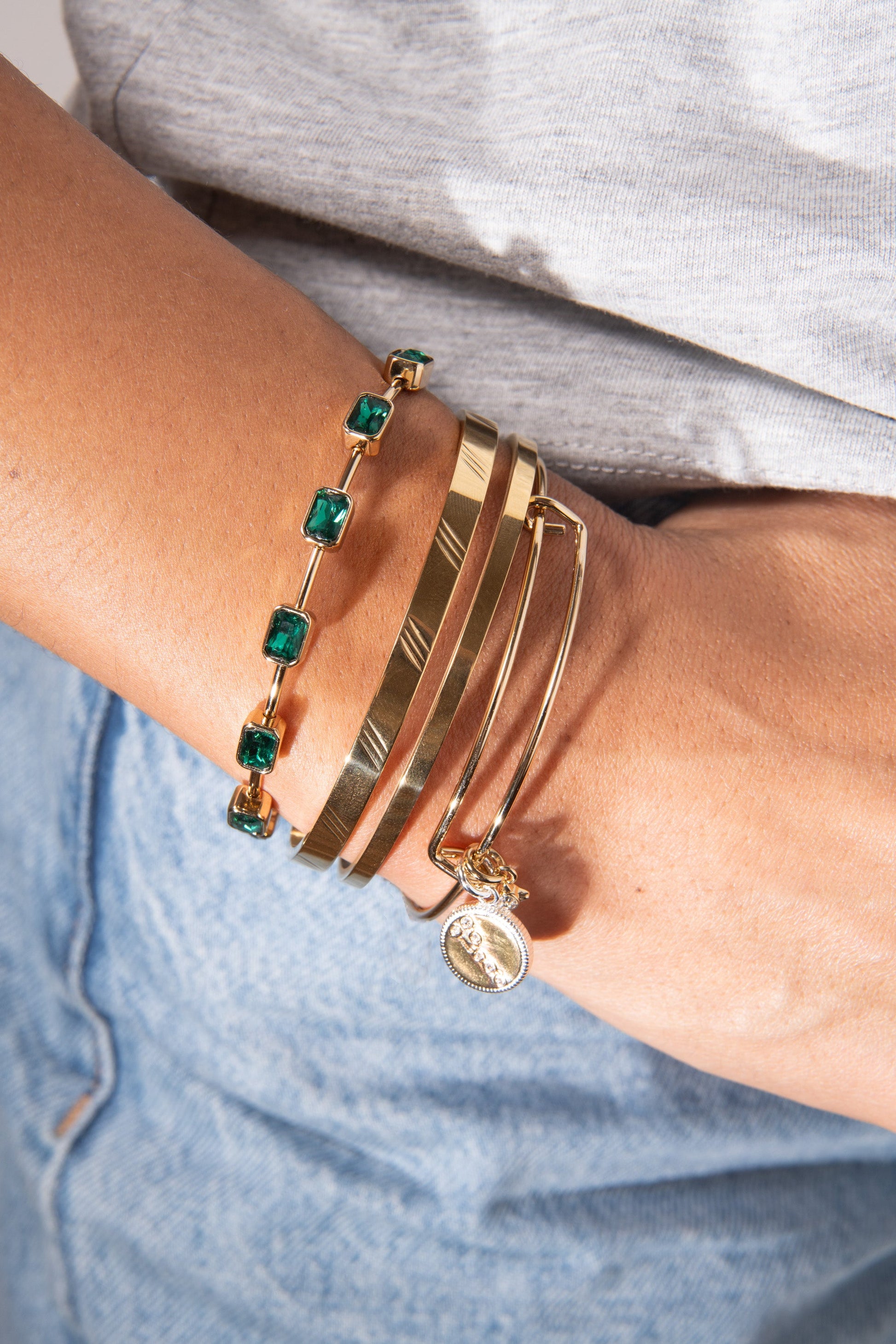 May Birthstone Emerald Cut Bangle Gold