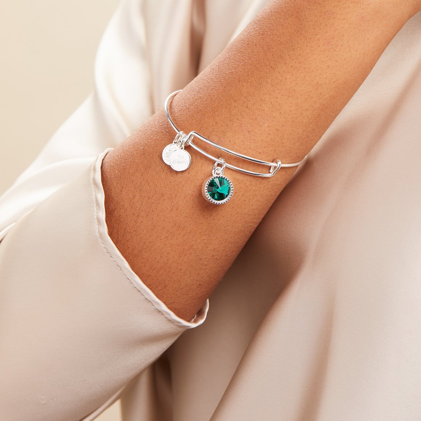 Emerald May Birthstone Charm Bangle Silver