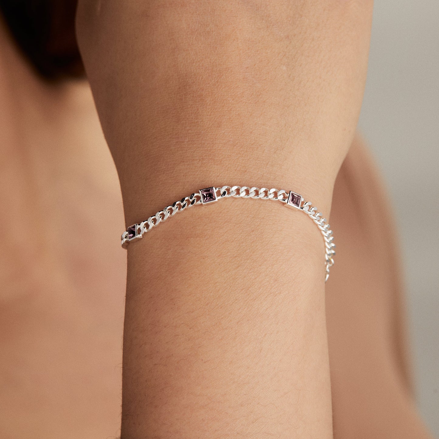 Light Amethyst Curb Chain Bracelet, June Birthstone Silver