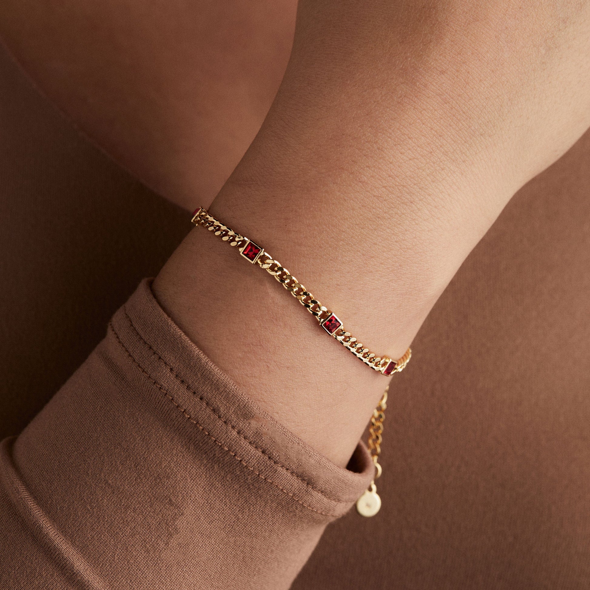 Ruby Curb Chain Bracelet, July Birthstone Silver