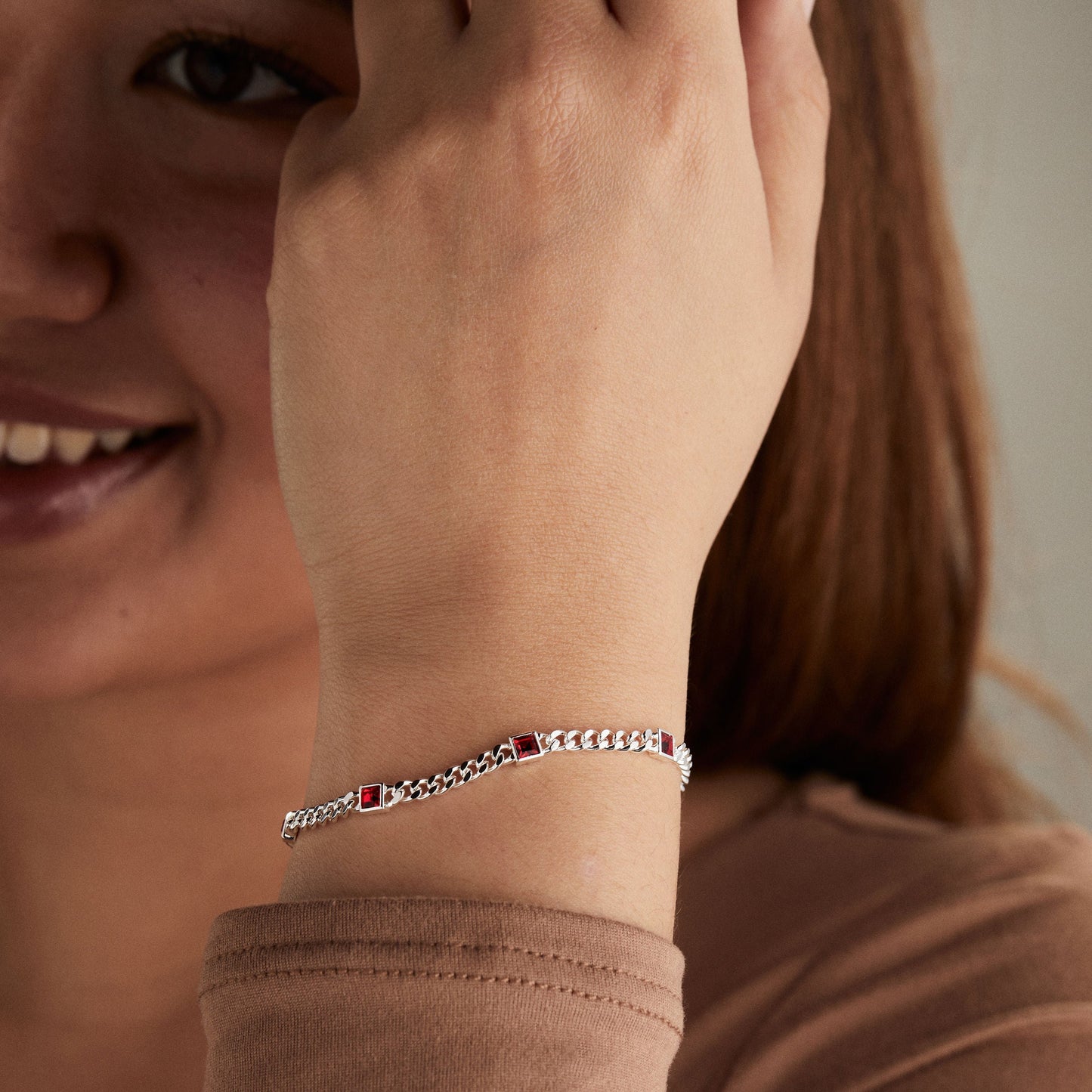 Ruby Curb Chain Bracelet, July Birthstone Silver