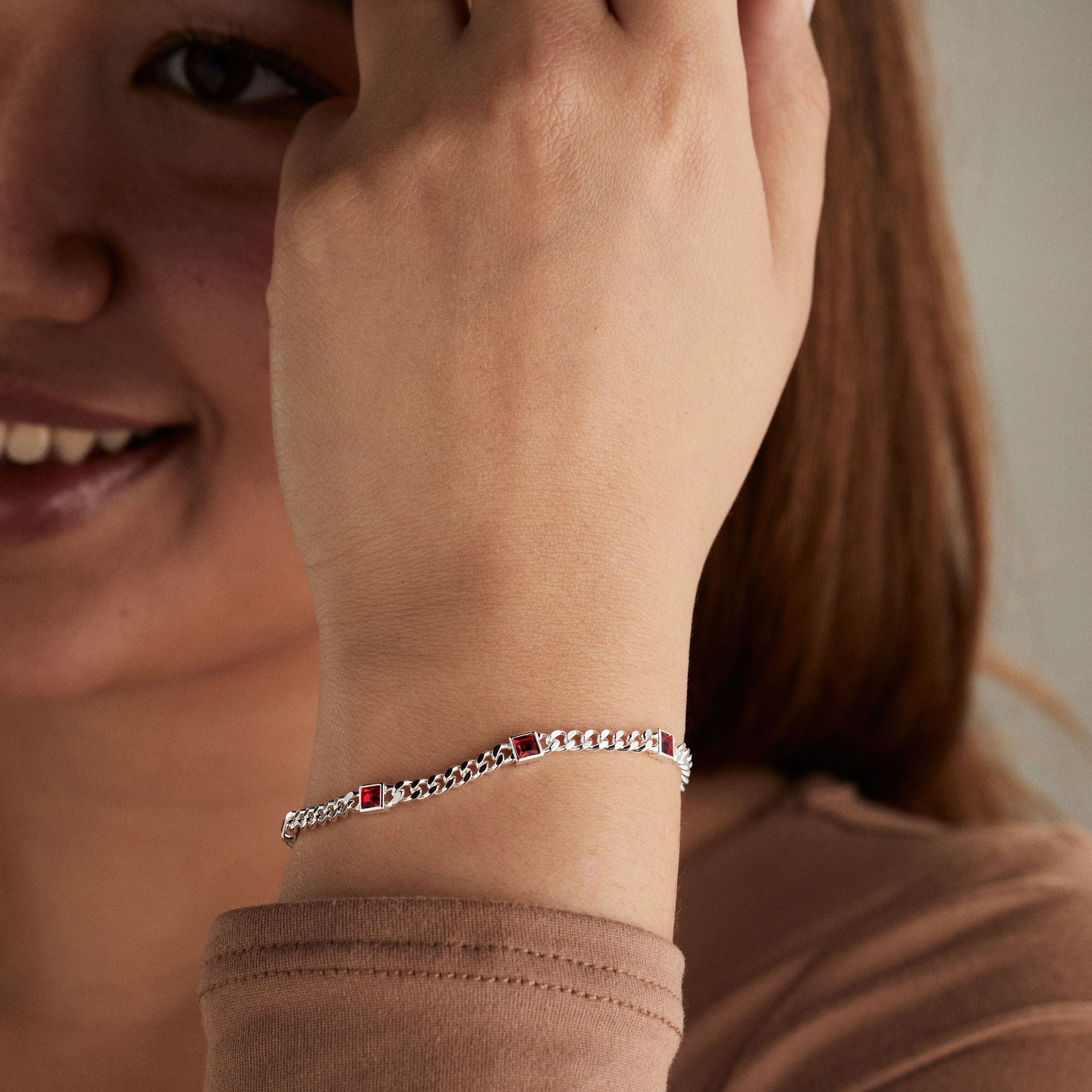Ruby Curb Chain Bracelet, July Birthstone Silver