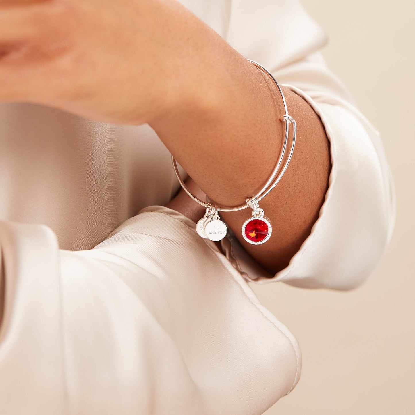 Ruby July Birthstone Charm Bangle Silver