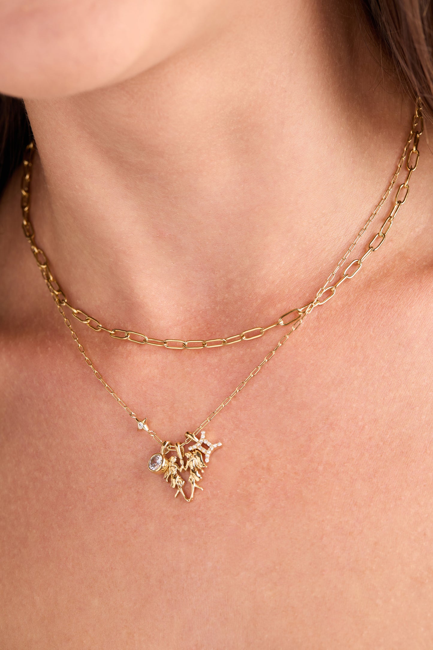 Gemini Charm Cluster Necklace Stainless Steel Gold