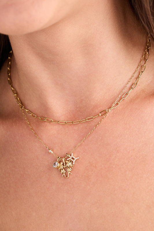 Gemini Charm Cluster Necklace Stainless Steel Gold