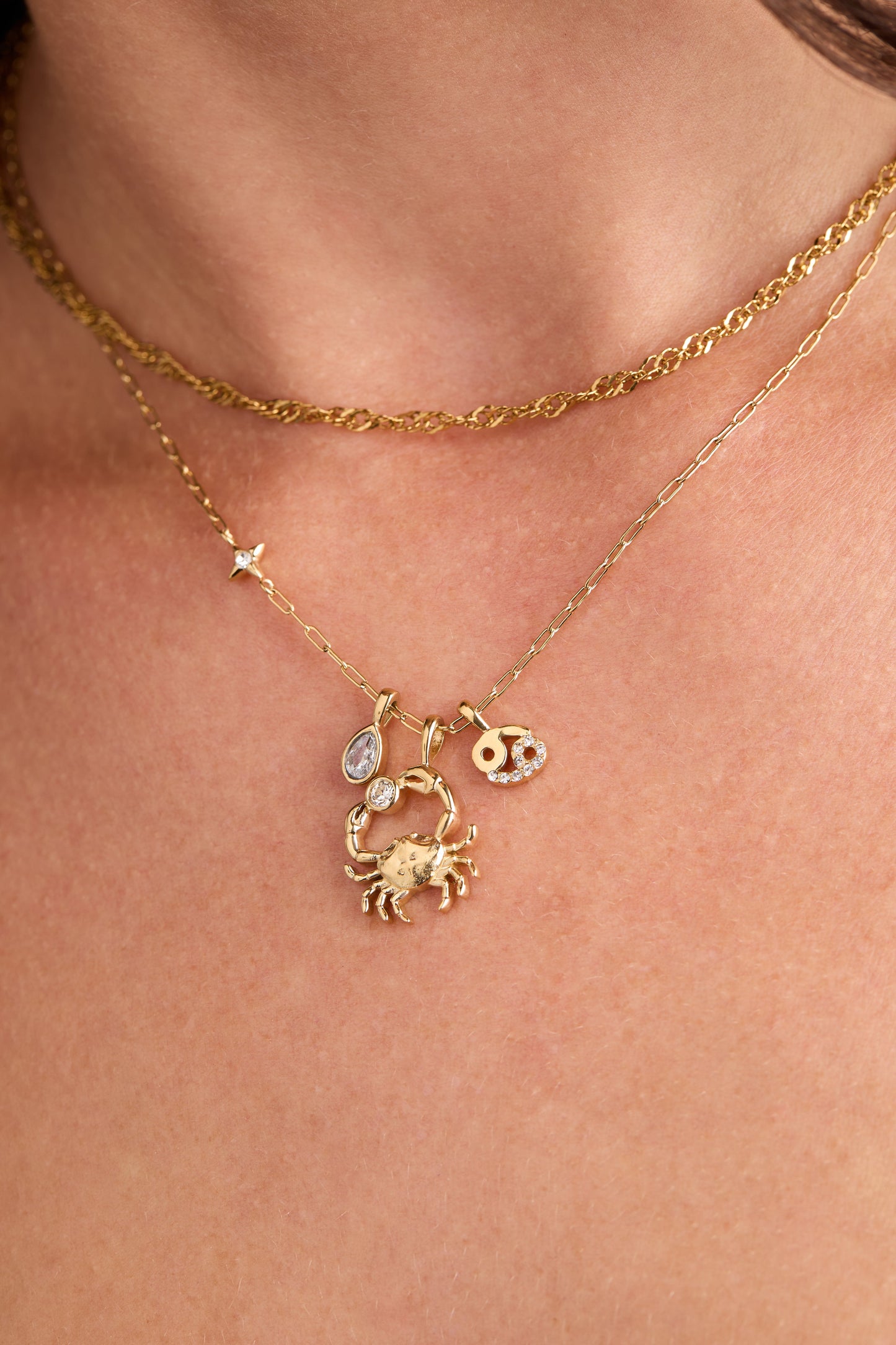 Cancer Charm Cluster Necklace Stainless Steel Gold