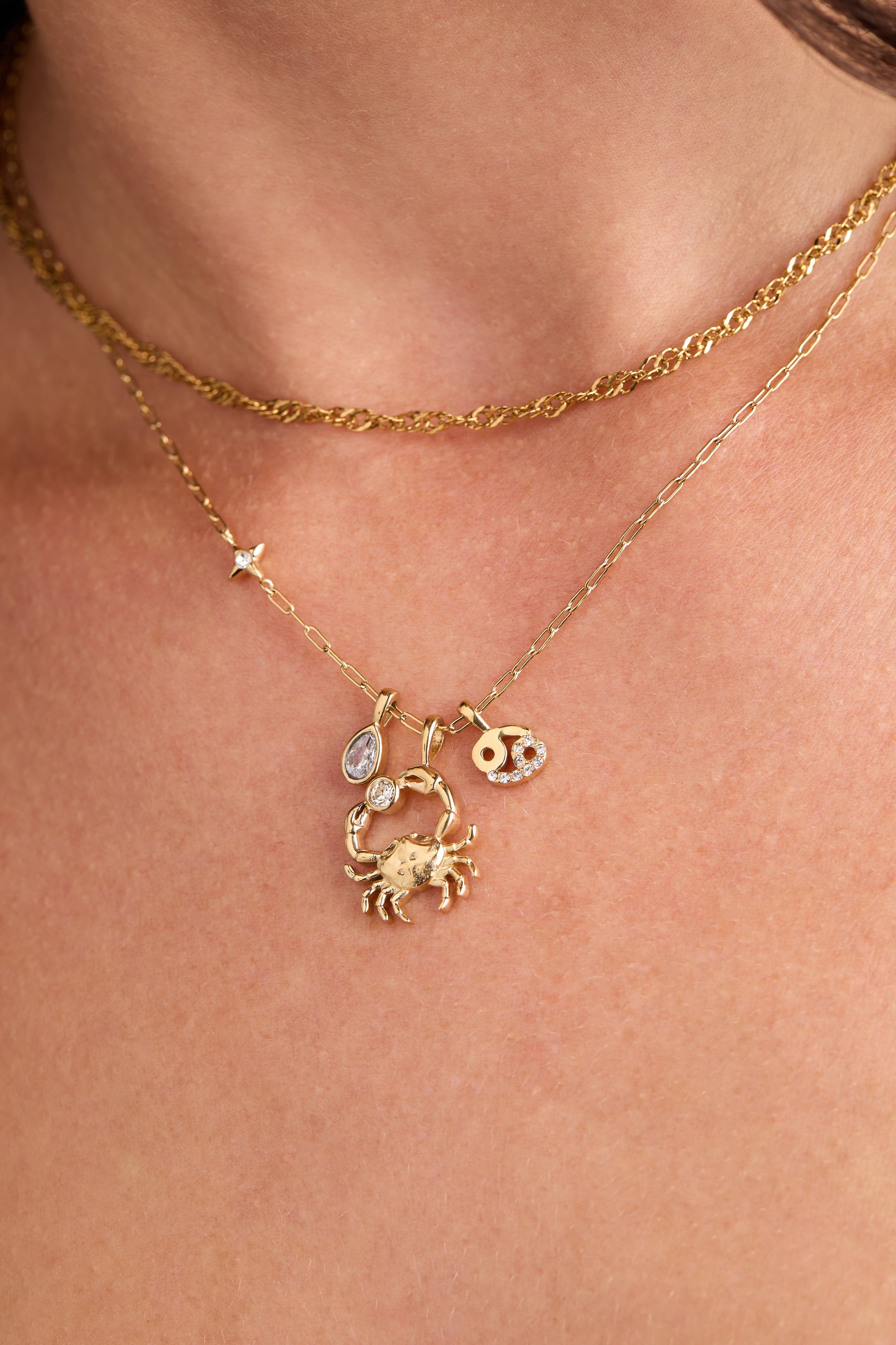 Cancer Charm Cluster Necklace Stainless Steel Gold