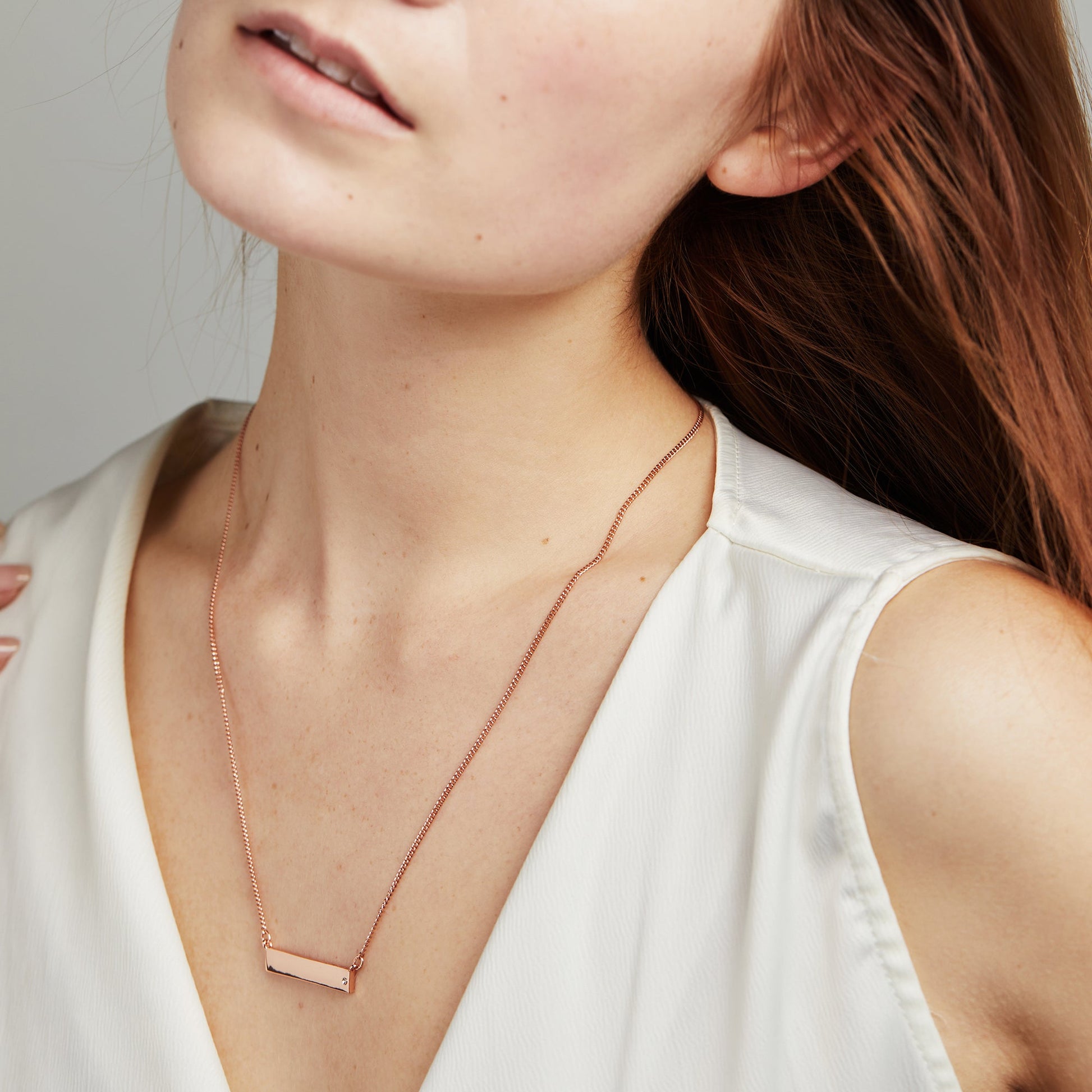 Bar Necklace with Crystal Accent Shiny Rose Gold