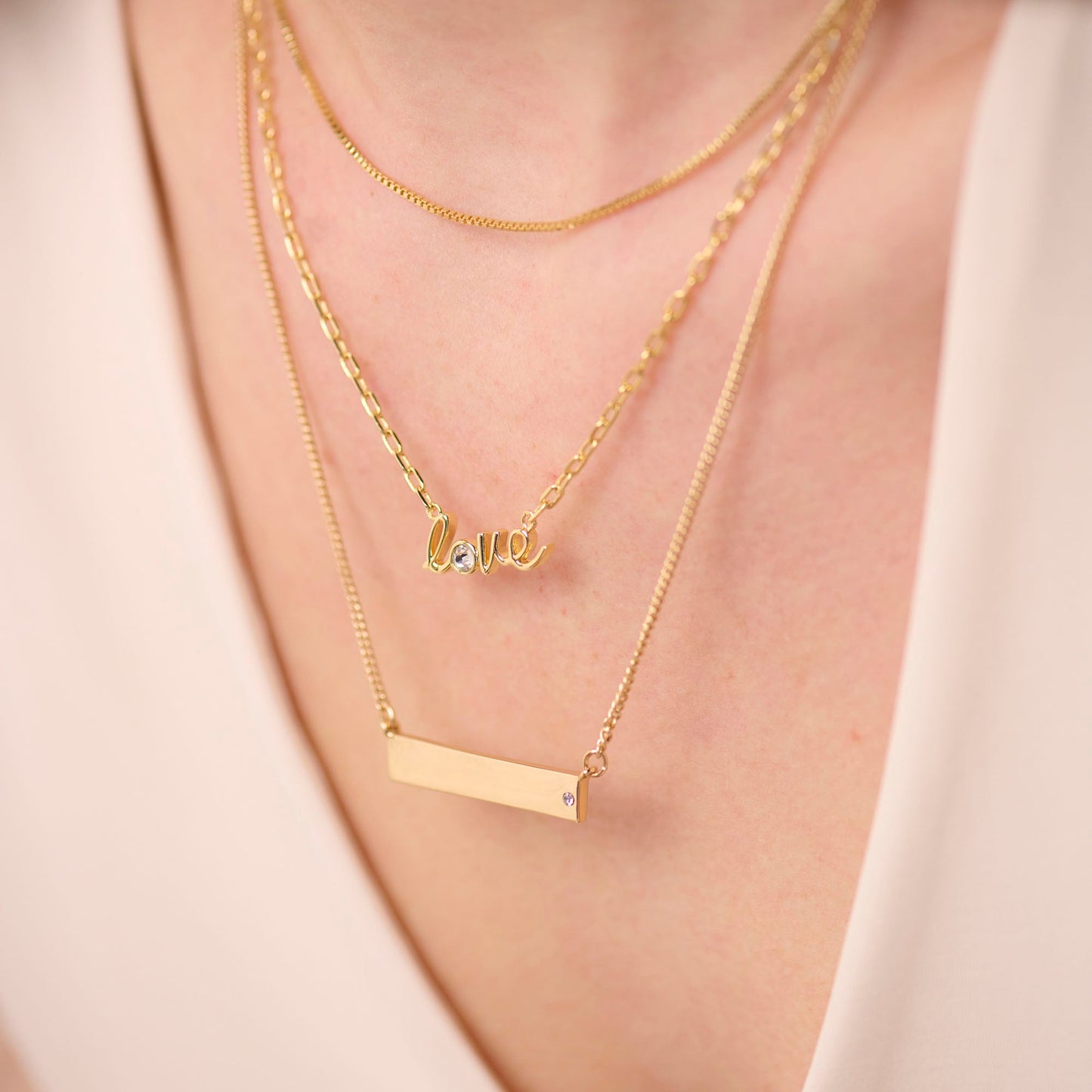 Bar Necklace with Crystal Accent Shiny Rose Gold
