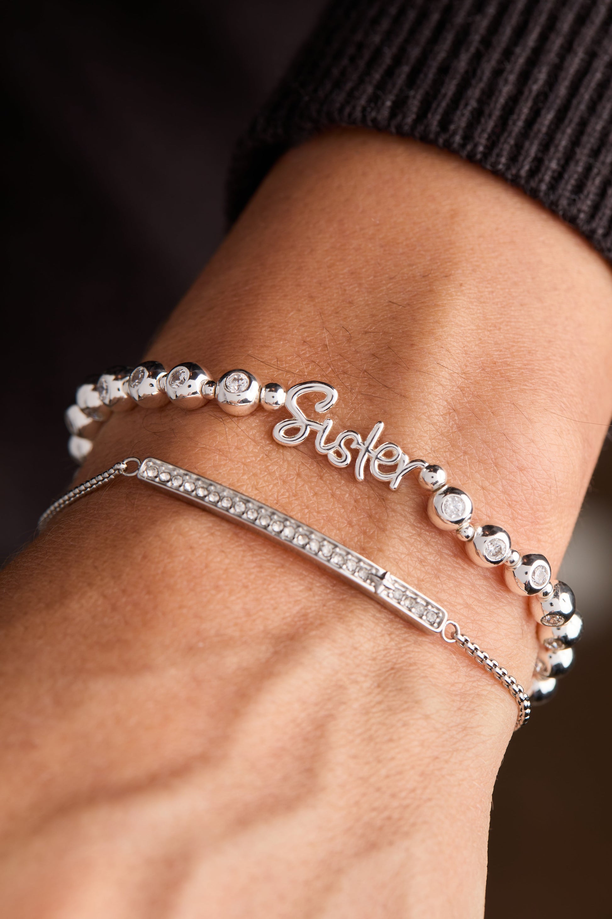 Sister Elongated Crystal Stretch Bracelet Silver