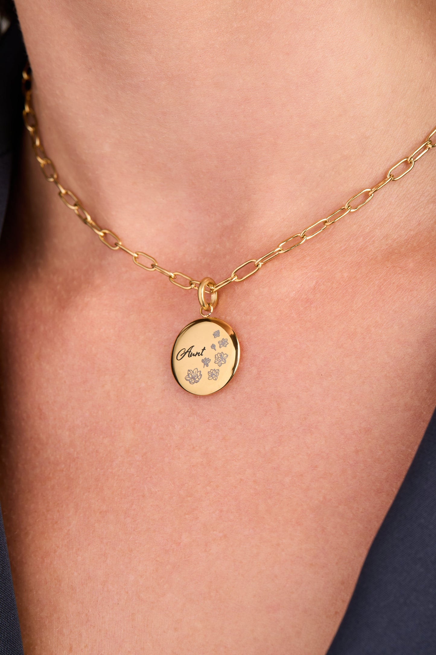 Aunt Flower Disc Charm Stainless Steel Gold