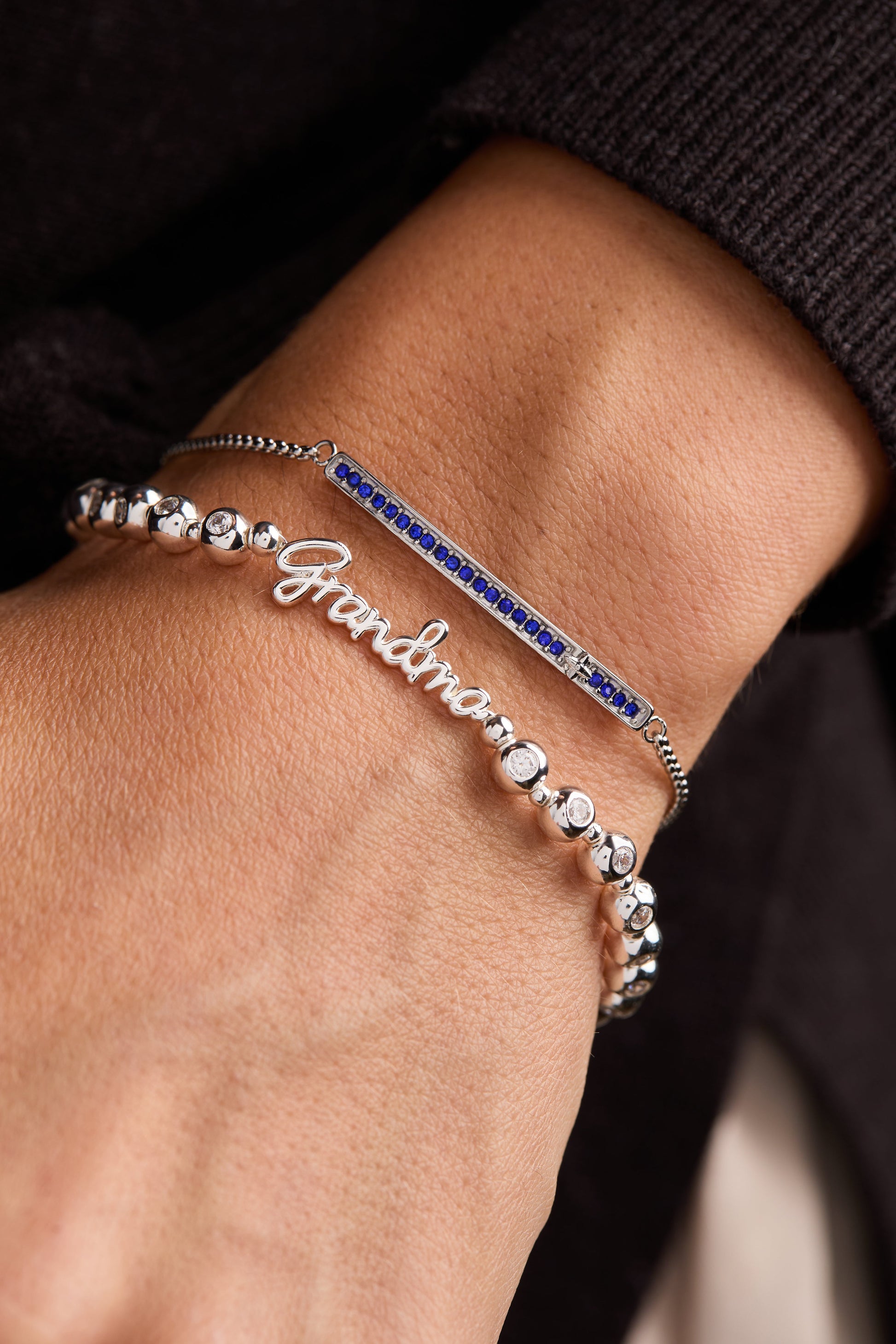 Grandma Elongated Crystal Stretch Bracelet Silver
