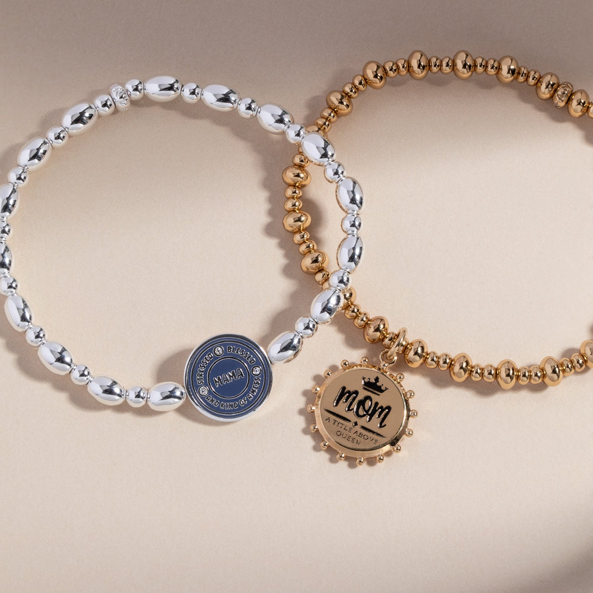 “Mom, A Title Above Queen” Beaded Stretch Charm Bracelet Gold