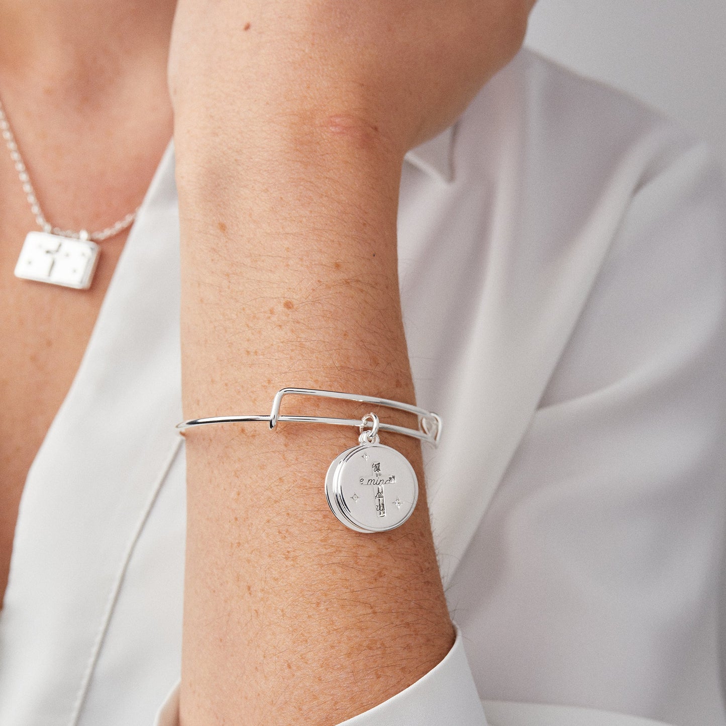 Hidden Message Cross Affirmation Bangle Silver
