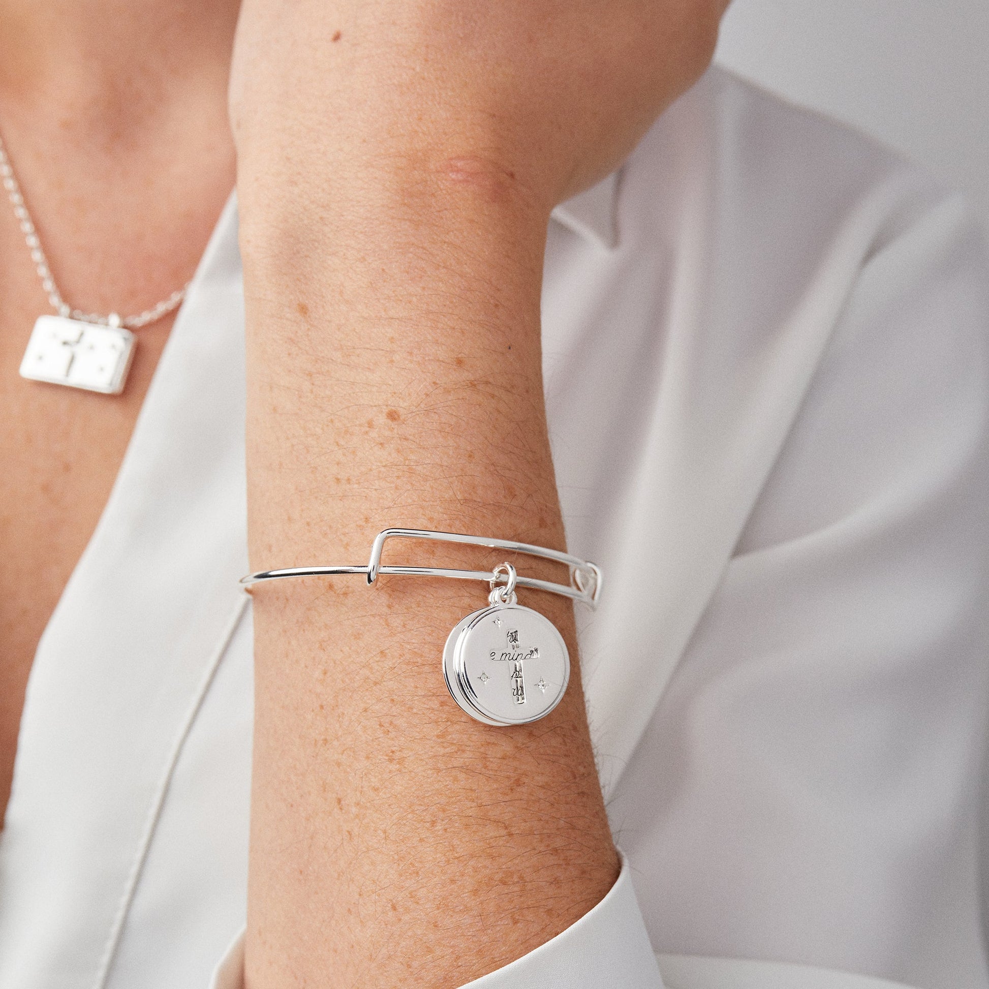 Hidden Message Cross Affirmation Bangle Silver