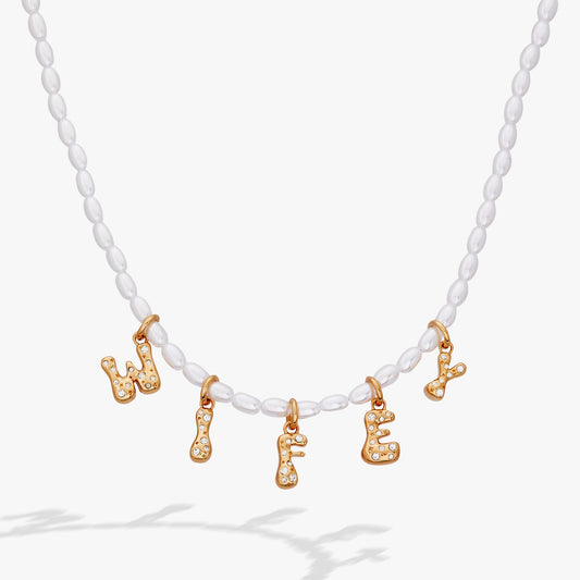 Beaded Pearl WIFEY Bubble Necklace Gold